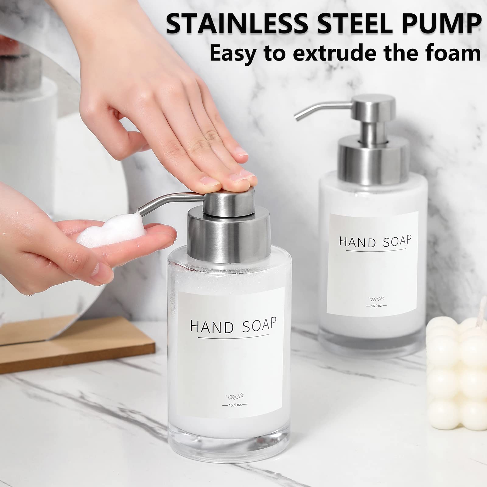 Foaming Soap Dispenser Set  17 Oz Clear Glass Hand Soap Dispenser with 304 Rust Proof Stainless Steel Pump  Waterproof Labels  for Bathroom Decor Kitchen College Dorm