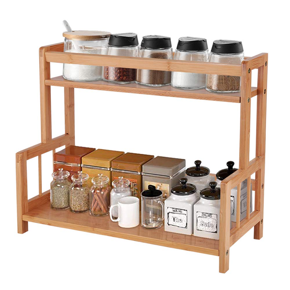 Ufine 2 Tier Bamboo Spice Rack Organizer Kitchen Countertop Storage Shelf Free Standing Holder Under Cabinet Bathroom for Variou