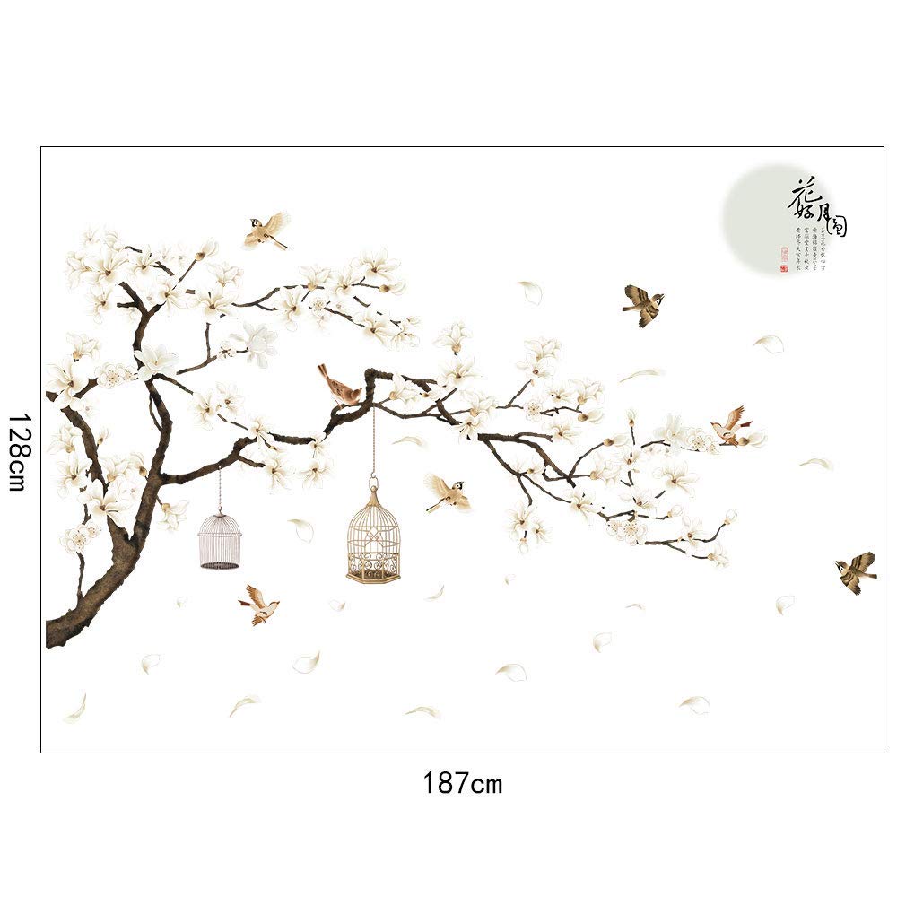 Livegallery White Peach Blossm Flowers Wall Decals Removable Diy Tree Branches Birds Saying Art Decor Wall Stickers Murals For L