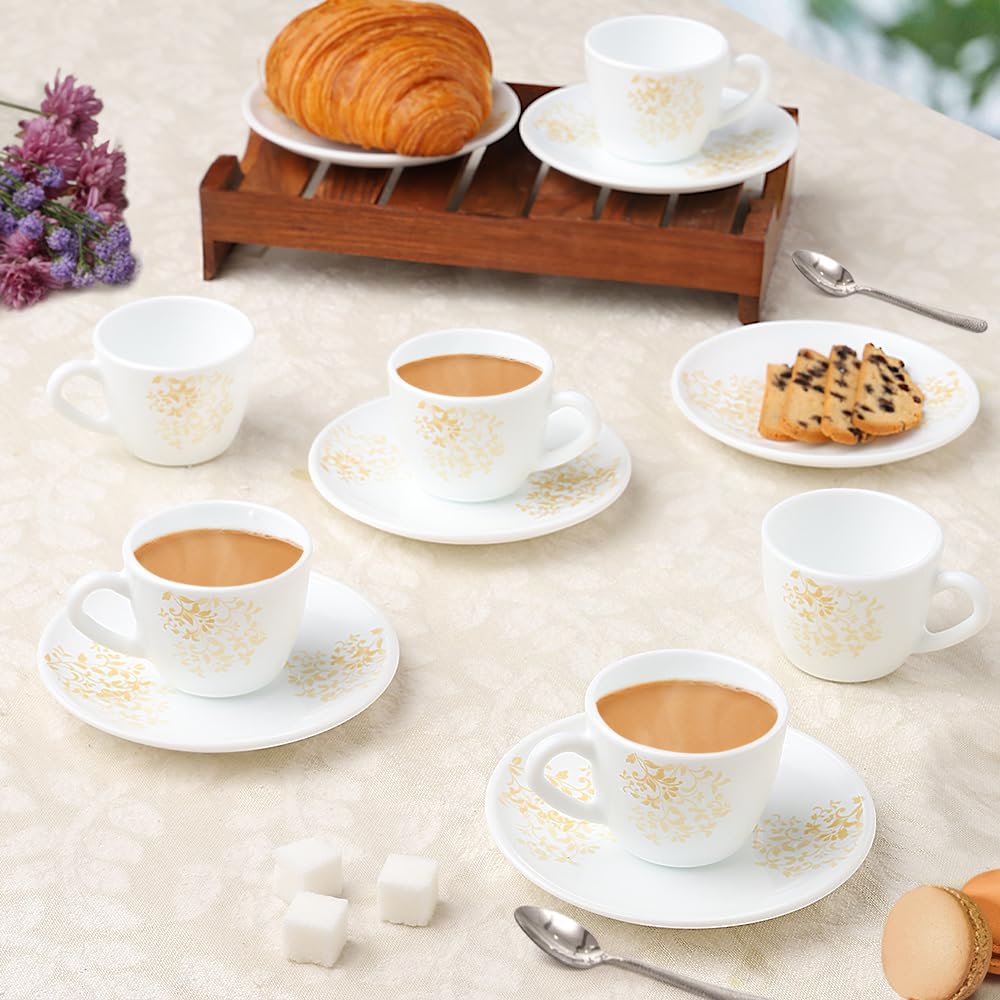 Larah By Borosil Ingot Opalware Cup And Saucer Set Of 12 Pcs | Tea/Coffee Cups 90 Ml | Microwave & Dishwasher Safe | BoneAsh Fr