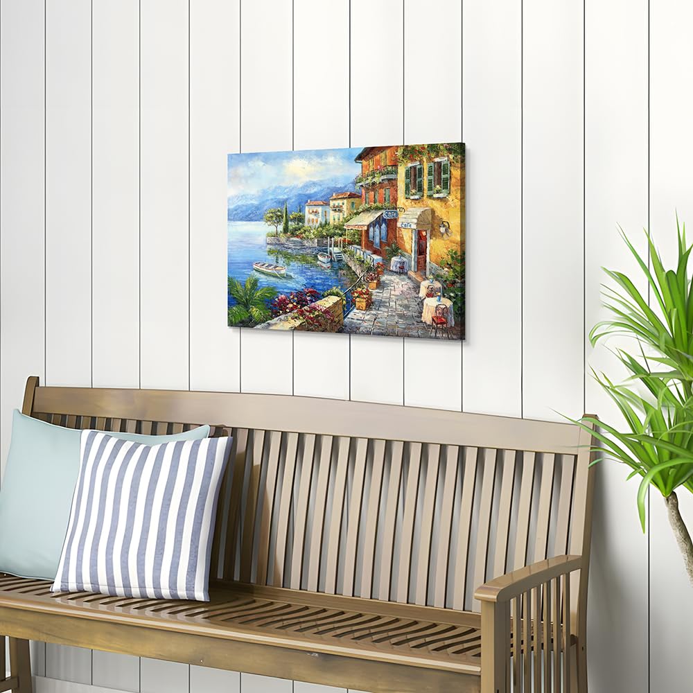 Sd Soft Dance Mediterranean Town Painting Canvas Print - Coastal City Artwork Wall Art Reproduction For Living Room (18'' X 24''