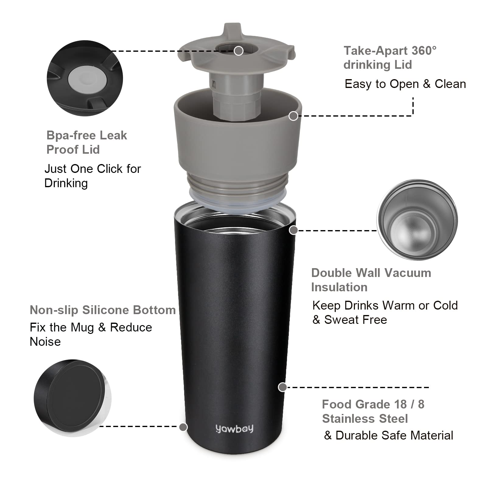 Yawbay Travel Coffee Mug, Travel Mug With 360All-Round Drinking Lid, Vacuum Insulated Tumbler, Stainless Steel Tumbler, Double W