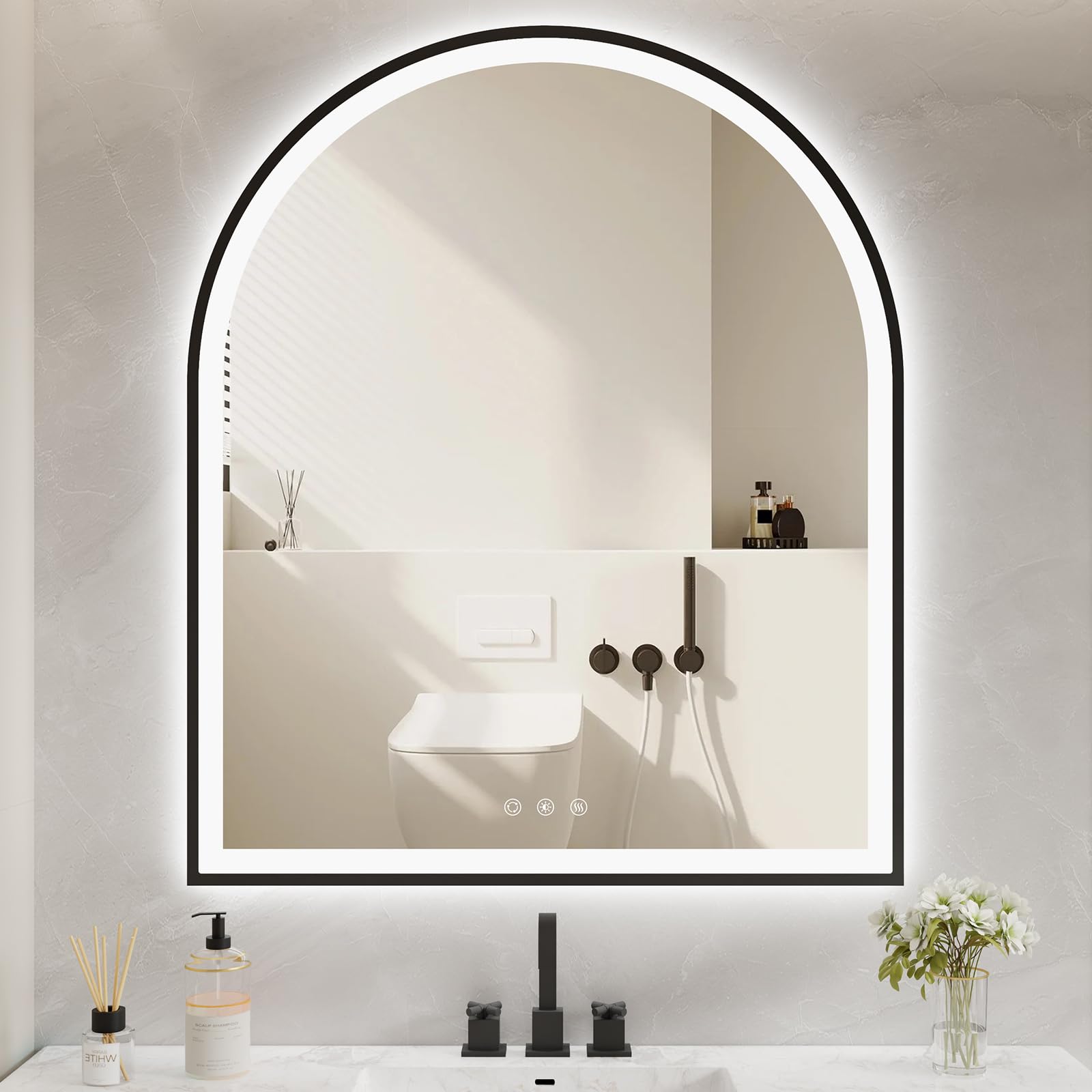 Oumusu Arched Led Mirror For Bathroom 30''X36'' With Front And Backlight, Black Bathroom Mirror With Lights-Anti-Fog, Dimmable-L