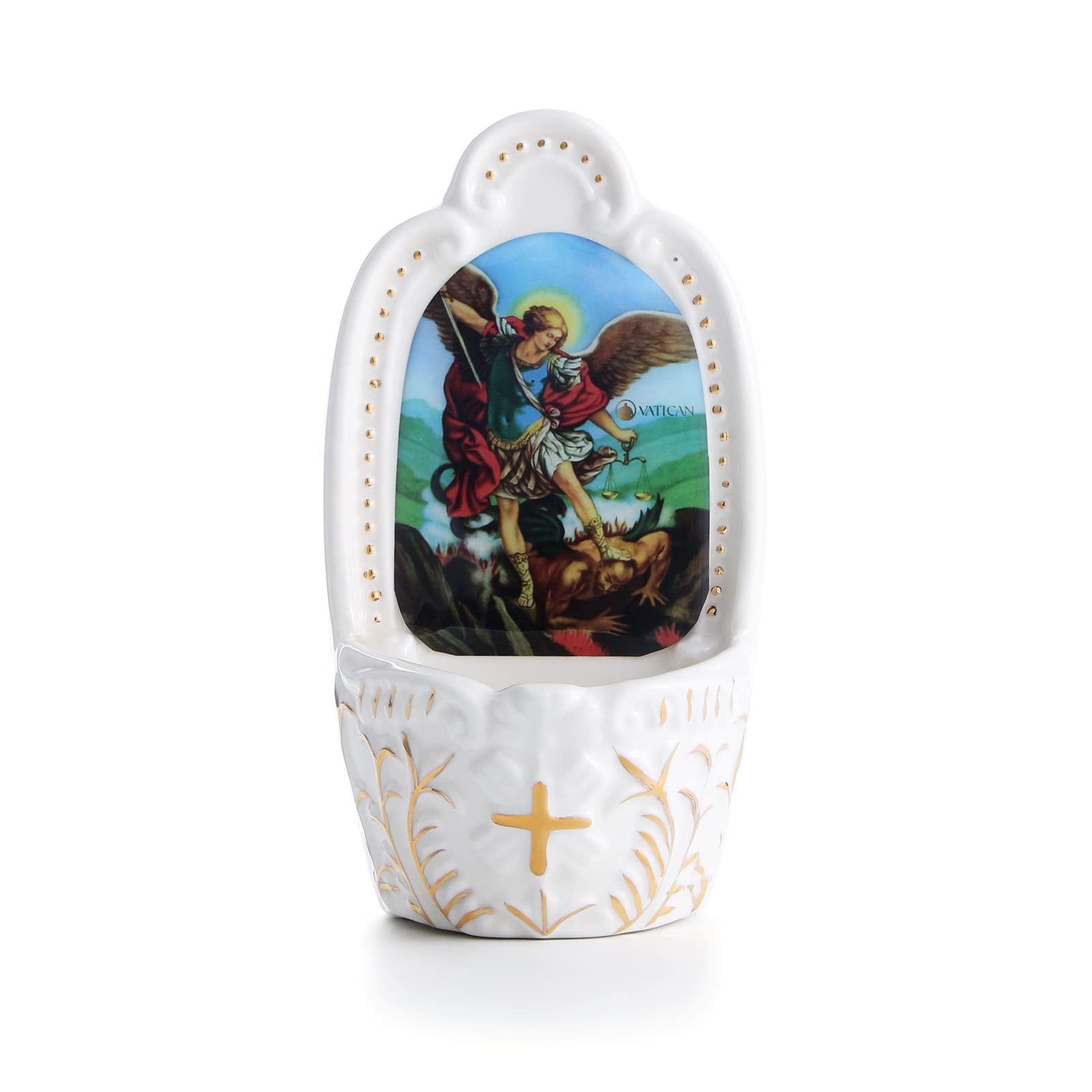 Porcelain Catholic Holy Water Font Saint Michael Holy Water Font for Entrance of Home Church Wall Hanging Decor Great Gift for F