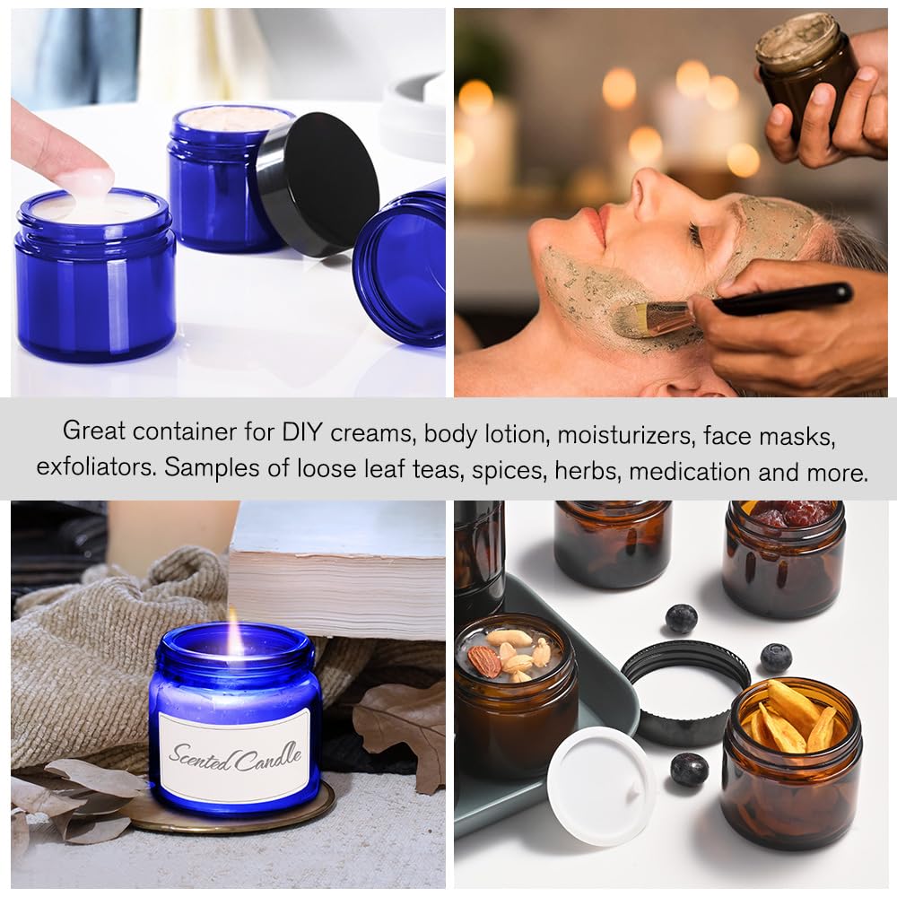 Small Glass Containers With Lids, Tecohouse 4 Oz Glass Jars With Black Lids & Inner Liners,Blue And Amber Mini Travel Toiletries