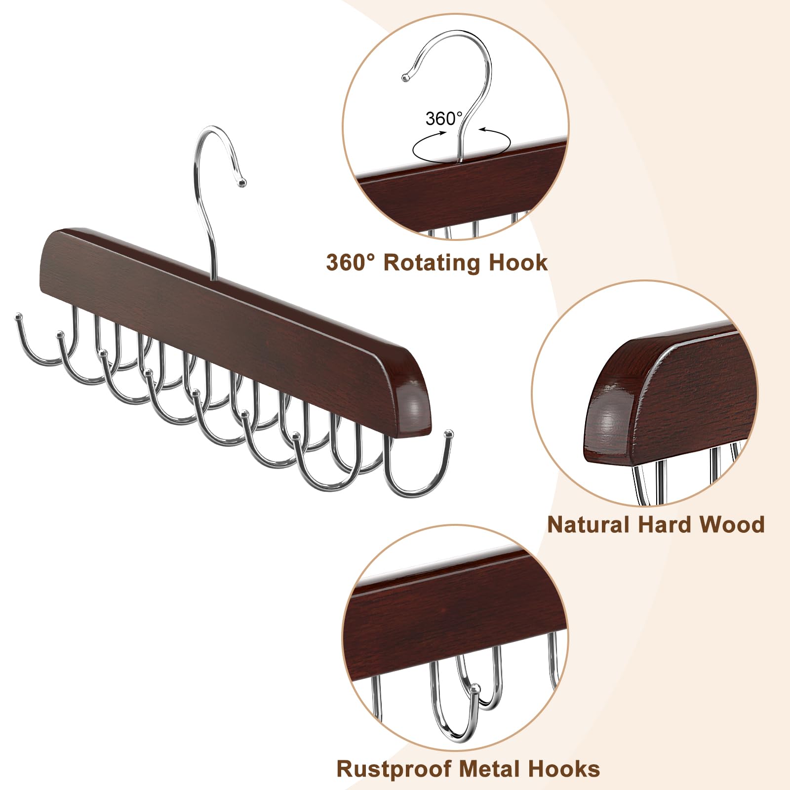 Resovo Belt Hanger For Closet Max 42 Belts, Belt Organizer Closet Accessories With 14 Hooks Belt Rack Sturdy Wood For Closet Org
