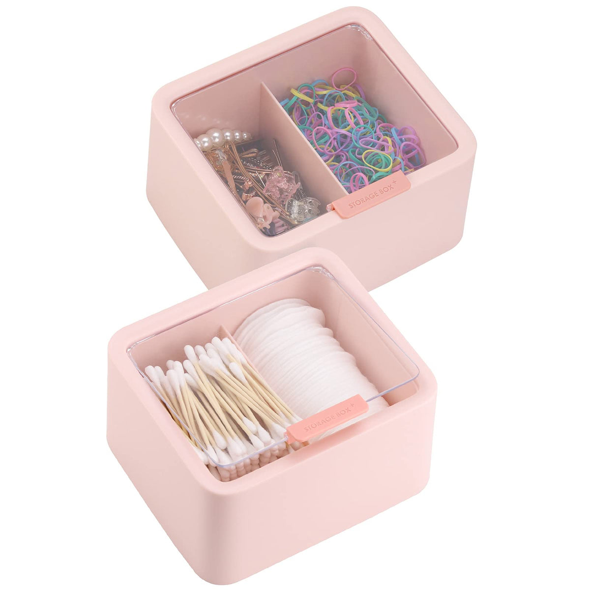 Tecbeauty 2Pcs Qtips Holder Dispenser Cotton Swabs Storage Organizer Plastic Bathroom Canisters With Hinged Lids, Divide 2 Grids