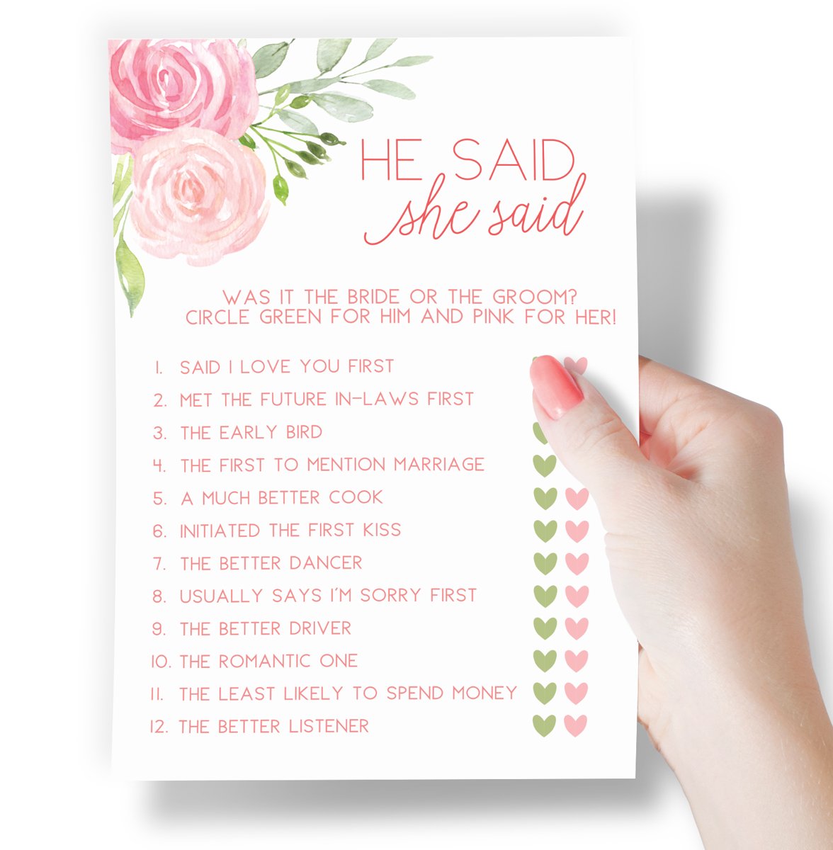 Printed Party Bridal Shower Game, He Said She Said, Floral, 50 Cards