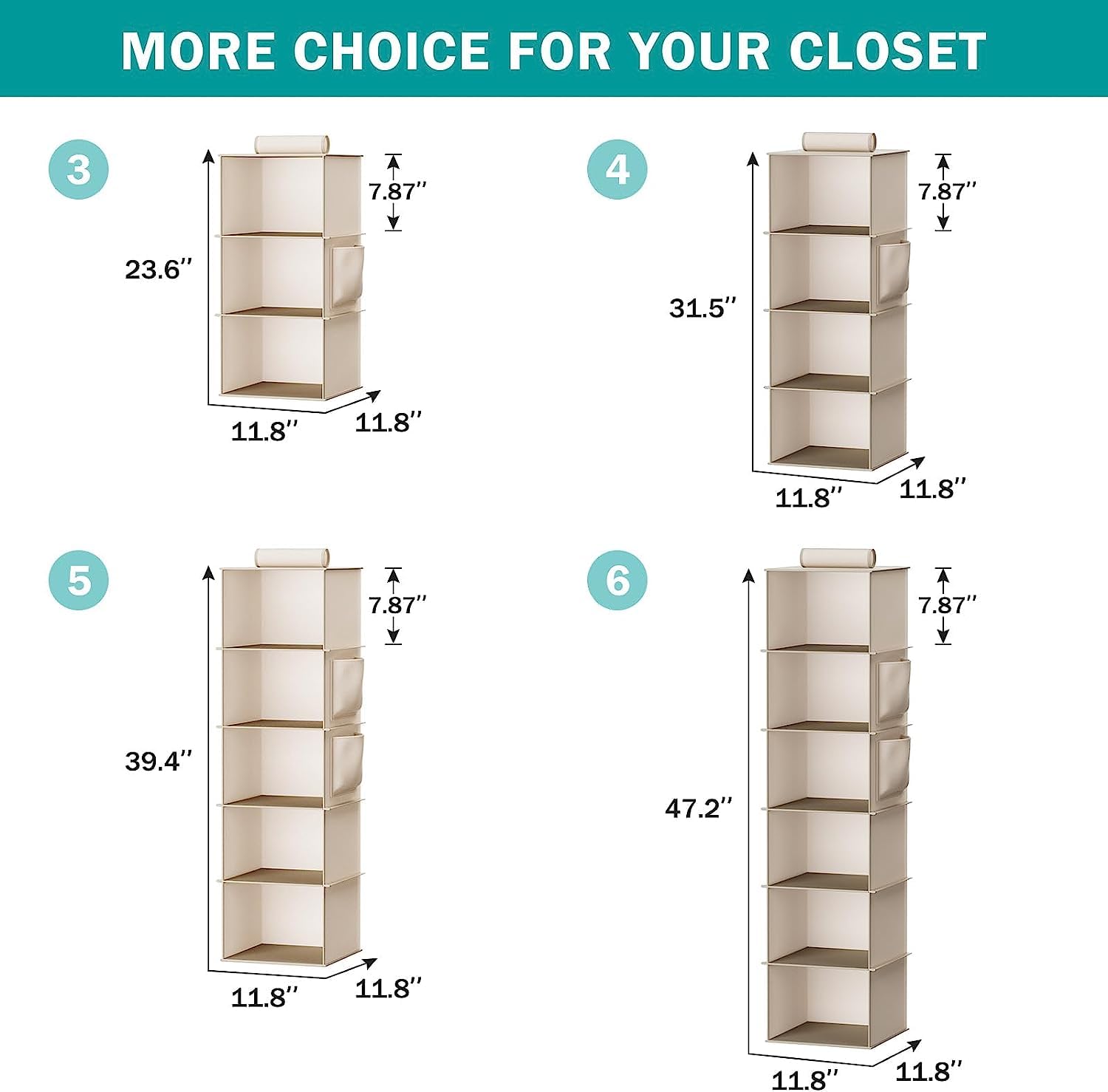 YOUDENOVA Hanging closet Organizer  6-Shelf closet Hanging Storage with Side Pockets  Beige
