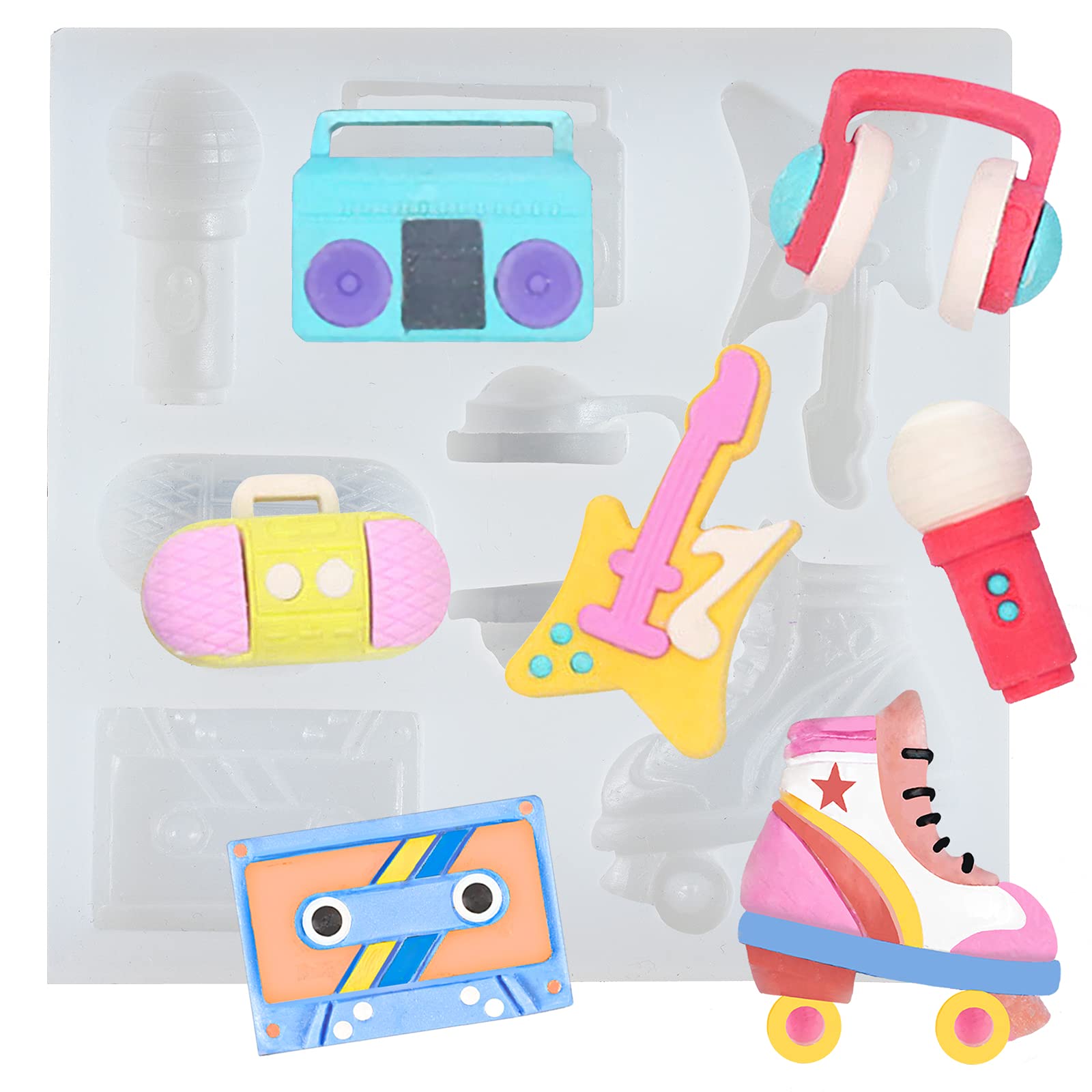 80S Disco Fever Fondant Silicone Tray Boombox Microphone Radio Bass For Sugarcraft Cake Decorating, Cupcake Topper, Chocolate, P