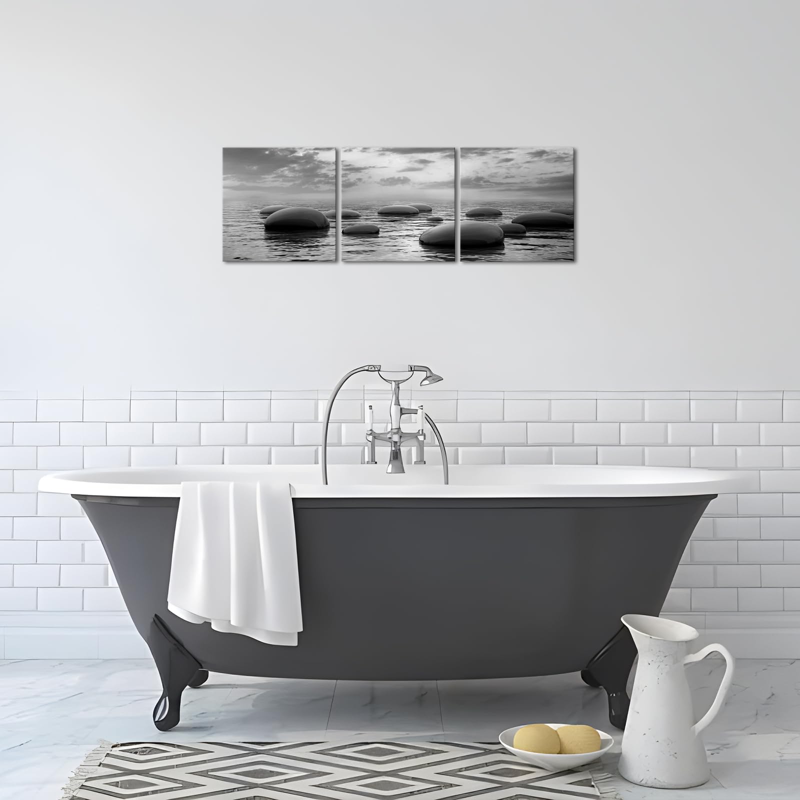 Hello Artwork 3 Panels Black And White Sea Rock Stone Zen Wall Art Seascape Painting Pictures Print For Home Office Bedroom Bath