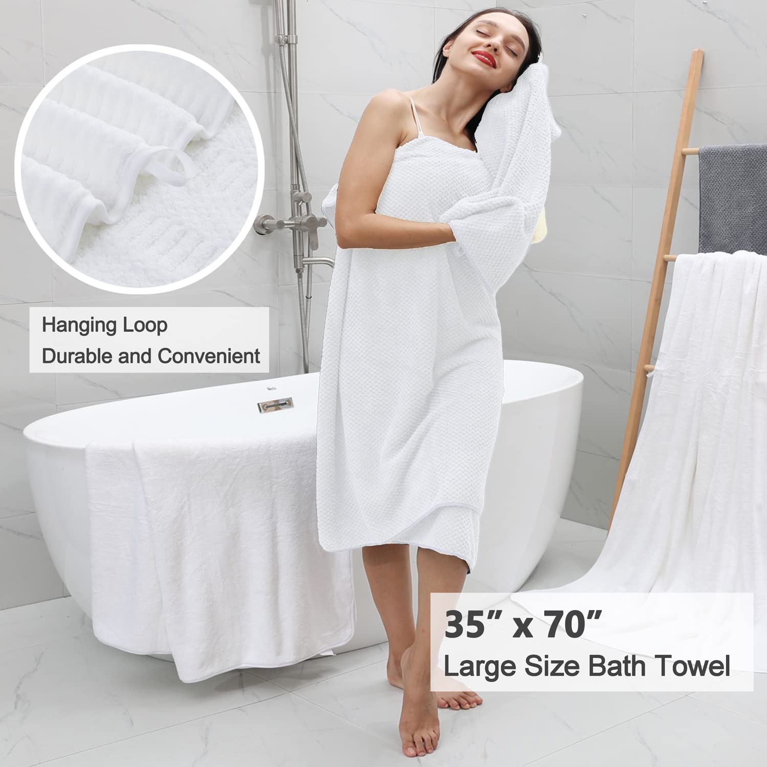 4 Piece Large Bath Towel Set 35''x70'' White Extra Large Bath Sheets Oversized Jumbo Towels 600GSM Soft Highly Absorbent Quick Dry Beach Chair Towels Woven Towels for Bathroom Hotel and Spa