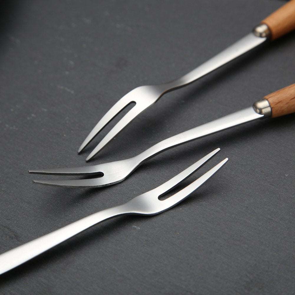 6 Pcs Wooden Handle Stainless Steel Two Prong Forks Fruit Cake Appetizer Forks