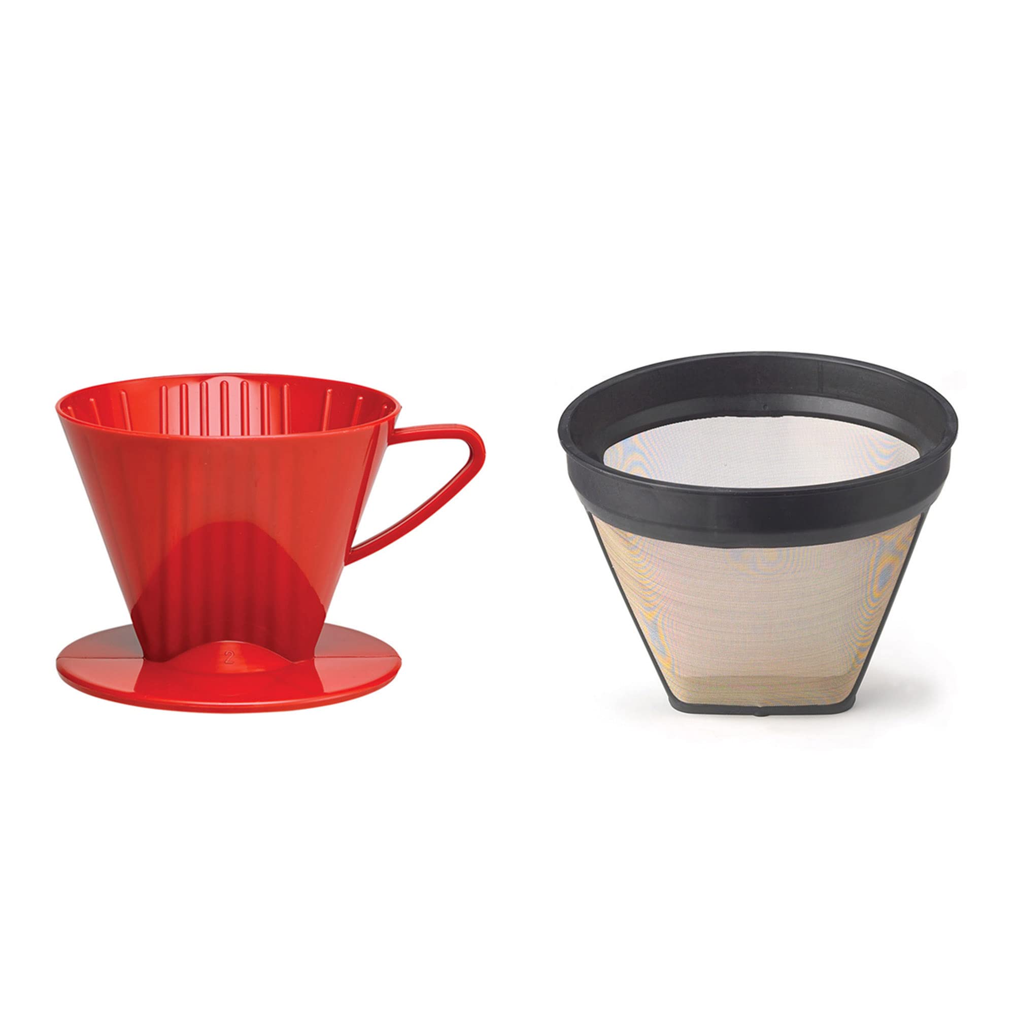 Fino PourOver Reusable Coffee Brewing Cone with GoldToned Mesh Permanent Coffee Filter, Number 2Size, Red
