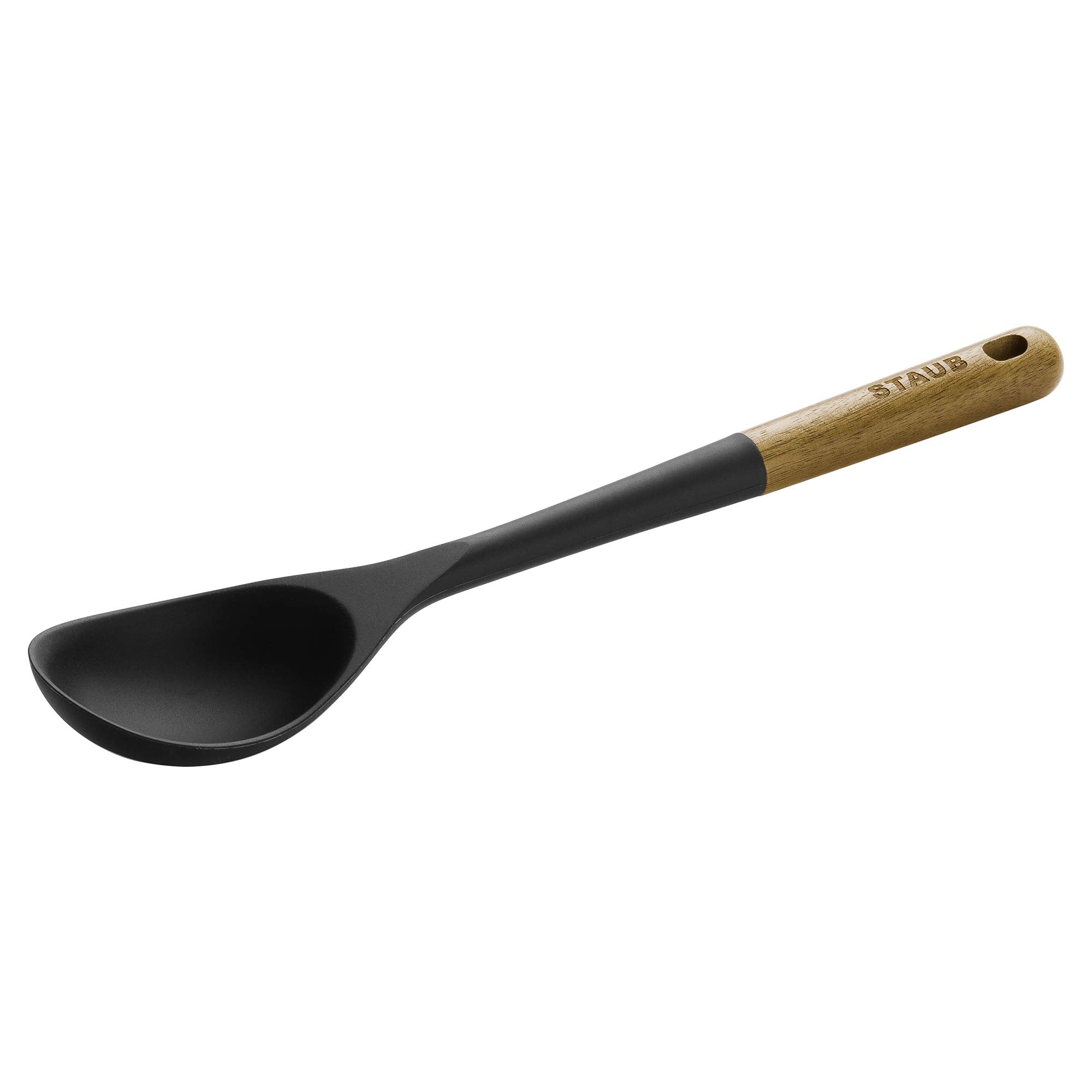 Staub Serving Spoon, Great For Scooping Sides And Serving Hearty Stews, Durable Bpa-Free Matte Black Silicone, Acacia Wood Handl