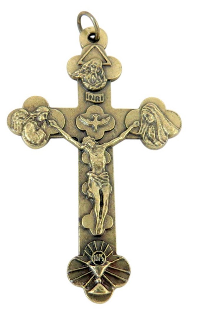 Religious Gifts Bronze Toned Base Father Son Holy Spirit Trinity Cross Crucifix Pendant, 2 1/4 Inch