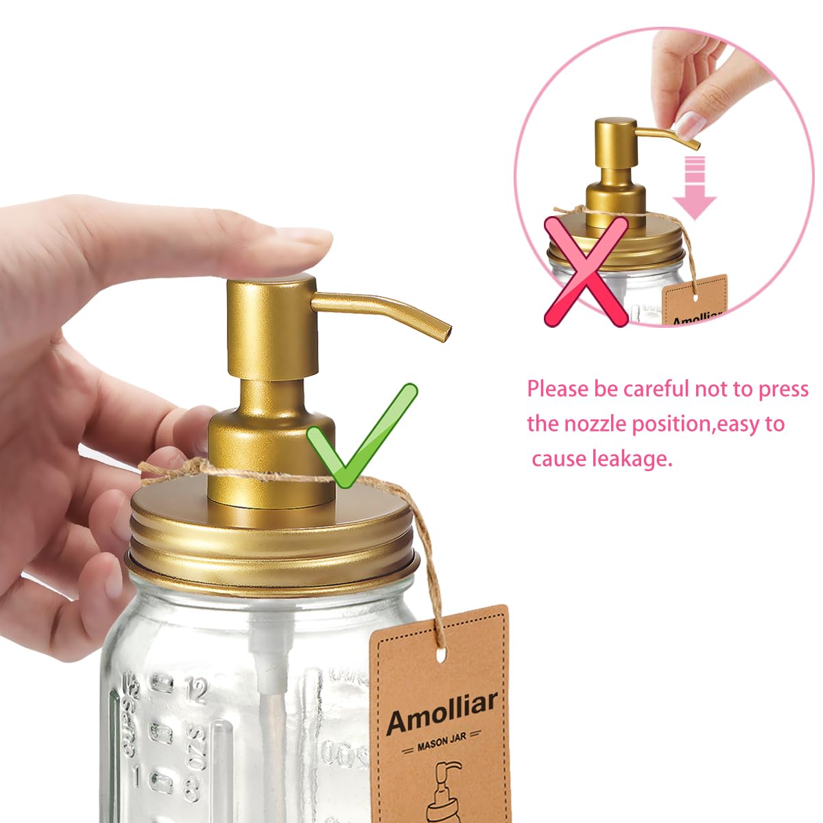 Amolliar Mason Jar Liquid Soap Dispenser -Rustproof Stainless Steel Farmhouse Decor for Bathroom Vanities Kitchen Sink/ Liquid Soap Pumps for Hand Soap Dish Soap Lotions/Golden -2 Pack