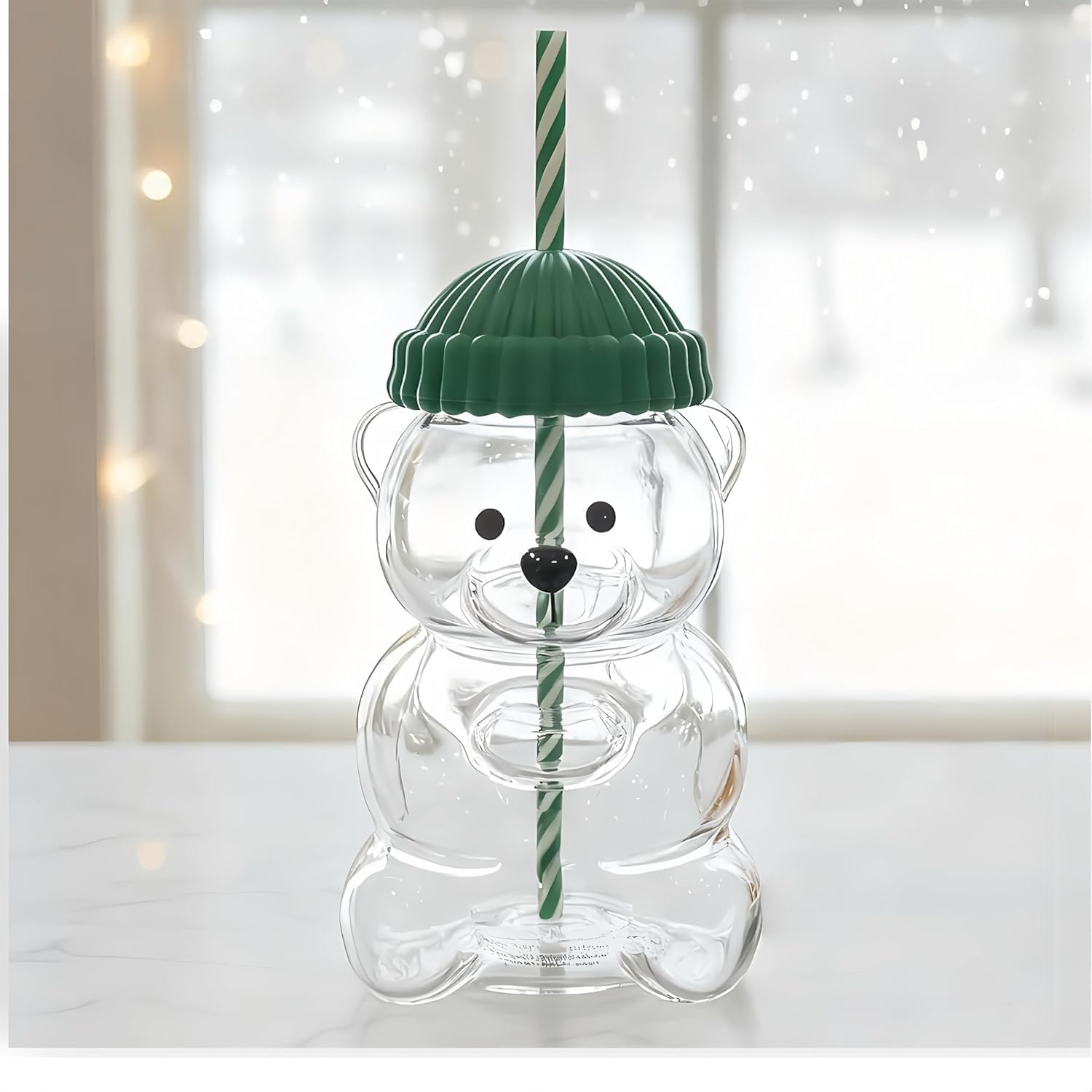 EGNORE Bear Shaped Glass Tumbler, 20oz Clear Drinking Cup with LeakResistant Lid & Reusable Straw, for Iced Coffee, Tea, Juice,