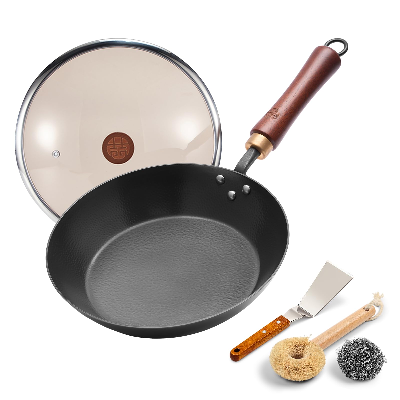 WANGYUANJI 10.2 Iron Skillet with Glass Lid & Spatula, FlatBottom HandHammered Frying Pan, Uncoated & Unseasoned Small Iron W