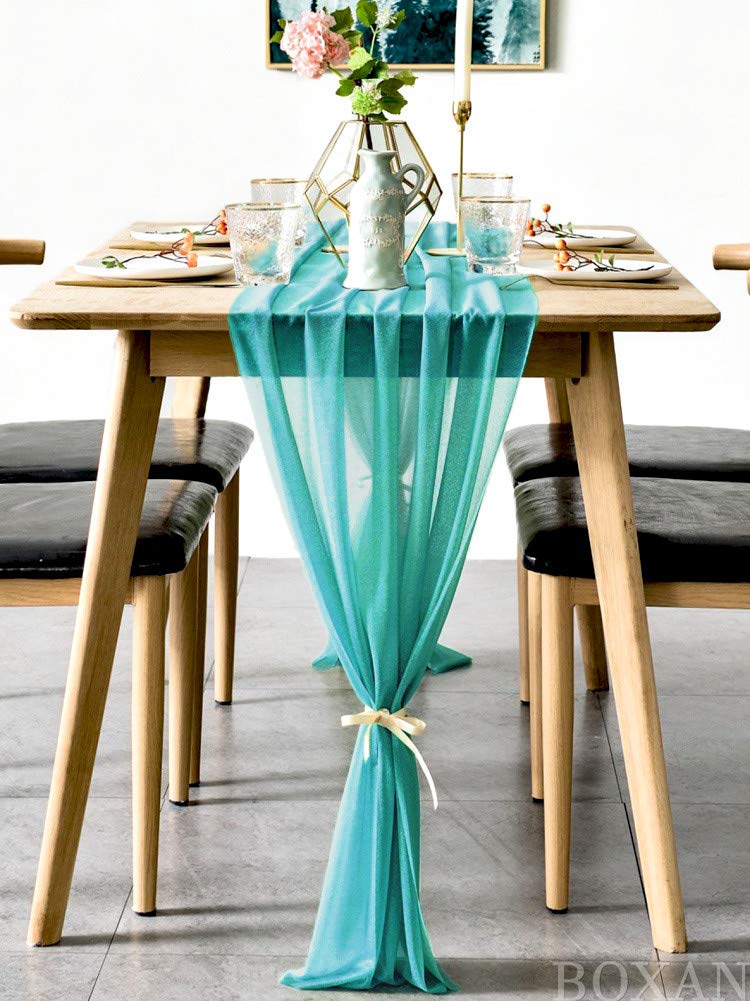 Boxan Gorgeous 10Ft Teal Sheer Table Runner 30X120 Inch For Rustic Wedding Decor, Bridal Shower, Baby Shower, Boho Summer Outdoo
