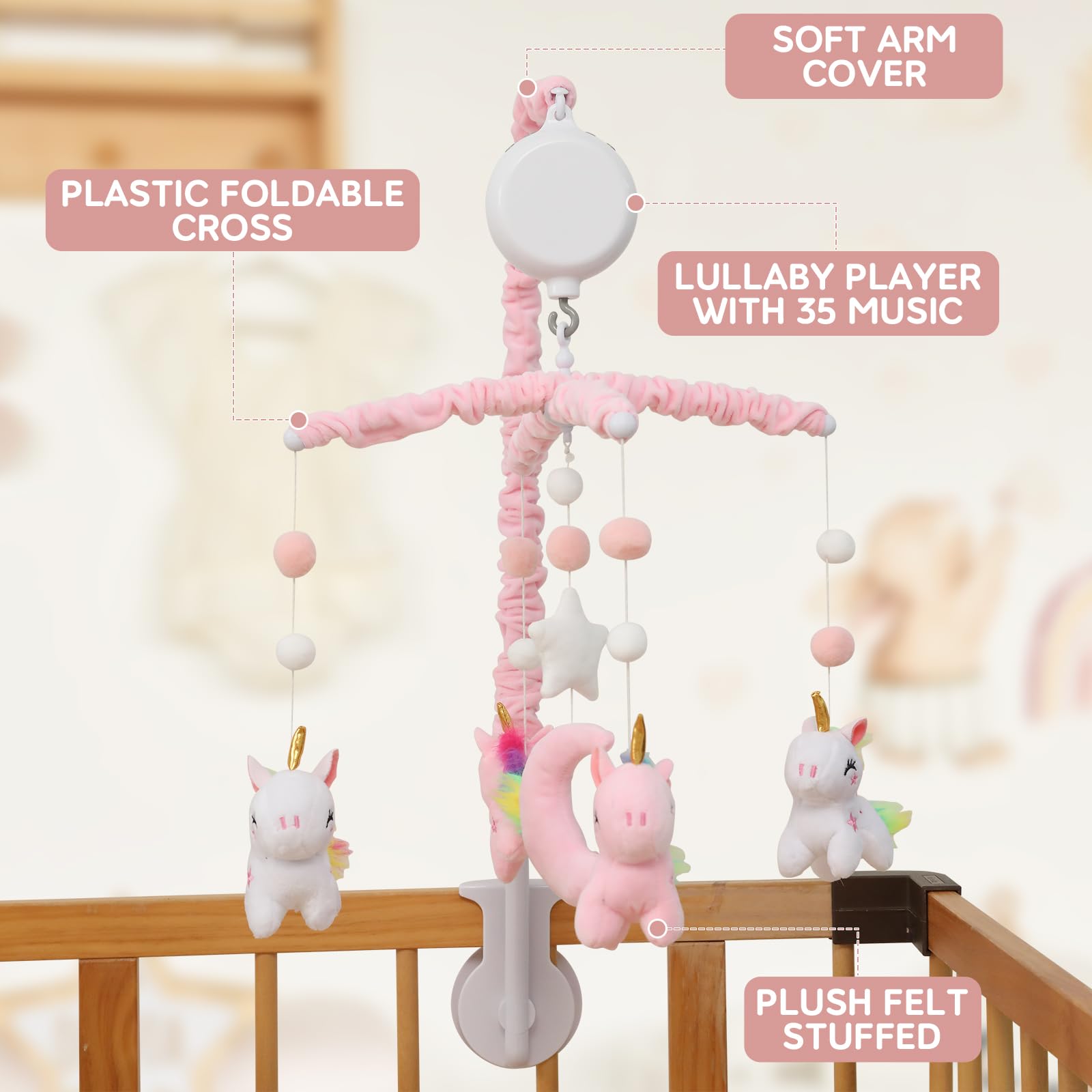 Baby Crib Mobile - Unicorn Crib Mobile for Girls with 25 Inches Mobile Arm and 35 Lullabies Musical Box, 3 Modes Digital, Volume