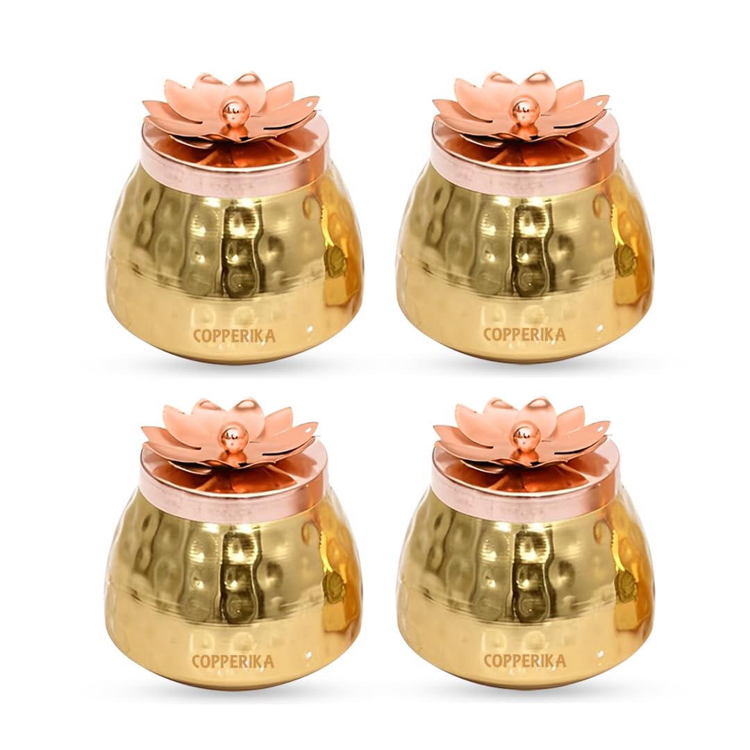 Copperika Hammered Gold Copper Plated Dry Fruit Jar (Pack Of 4) Heavy Build | For Dry Fruits/Chocolates/Decorative Serving Bowl 