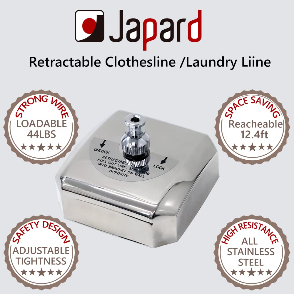 Retractable Clothesline Indoor Heavy Duty 304 Stainless Steel Durable Wire 12Ft Support 44Lbs, Japard Shower Clothes Hanger Line