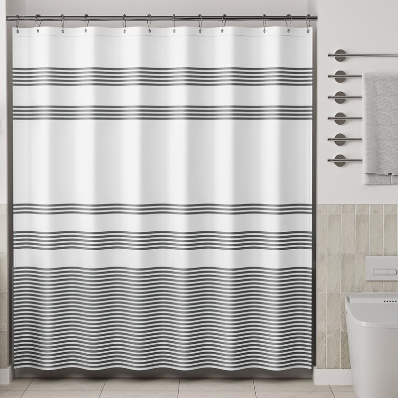 AmazerBath Shower Curtain Sets  Washable Cloth Black Shower Curtain with 12 Hooks  Fabric Rustic Black and White Striped Farmhouse Bathroom Shower Curtain  72x72 Inches
