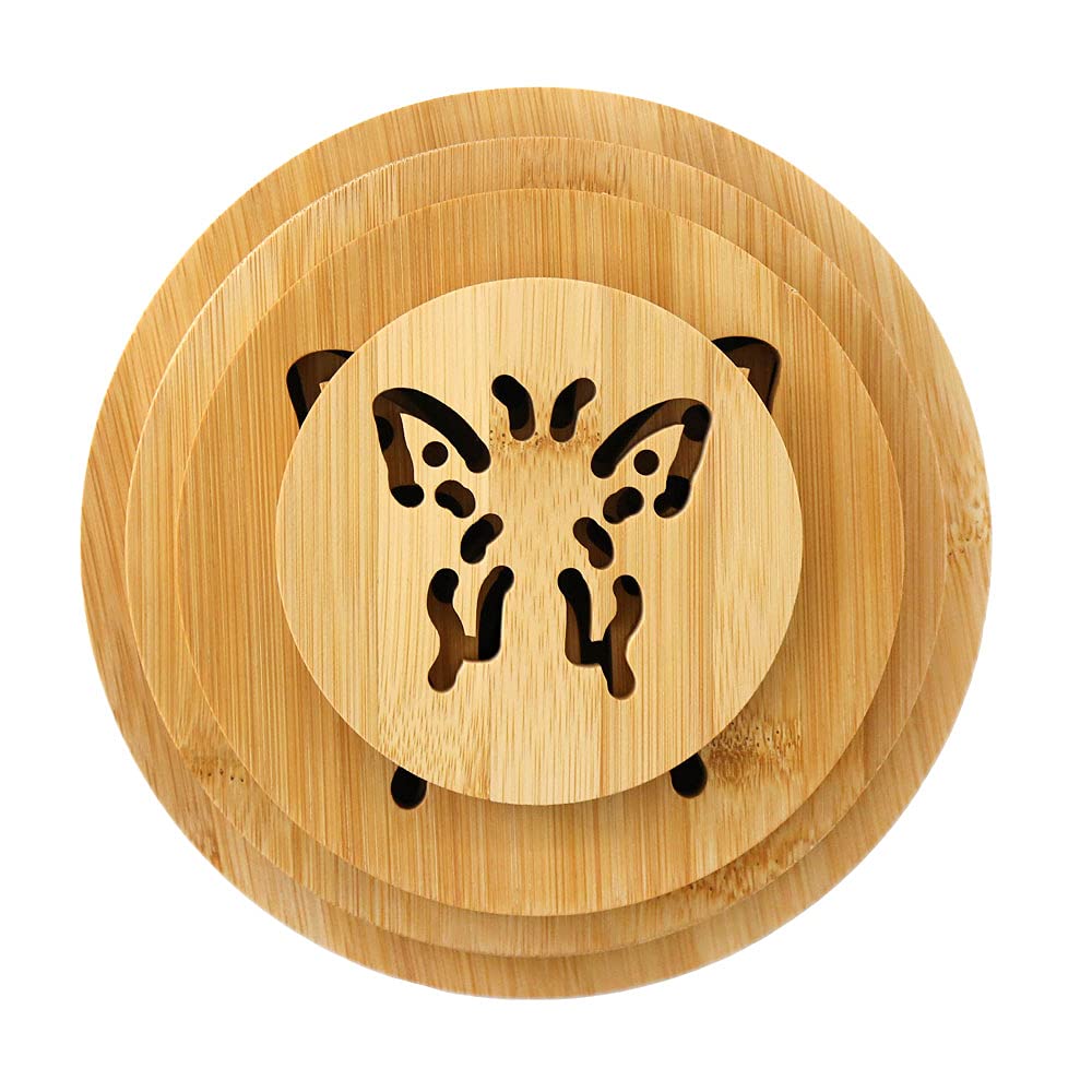 Alfeel 4 Piece Bamboo Trivet - Home Kitchen Multifunction Bamboo Heat Resistant Pads Trivet, Round Multi-Size Placemat Coaster F