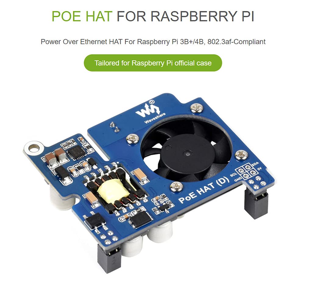 Power Over Ethernet Hat Poe Type D For Raspberry Pi 3B4B, 8023Af-Compliant, Fit Raspberry Pi Official Case