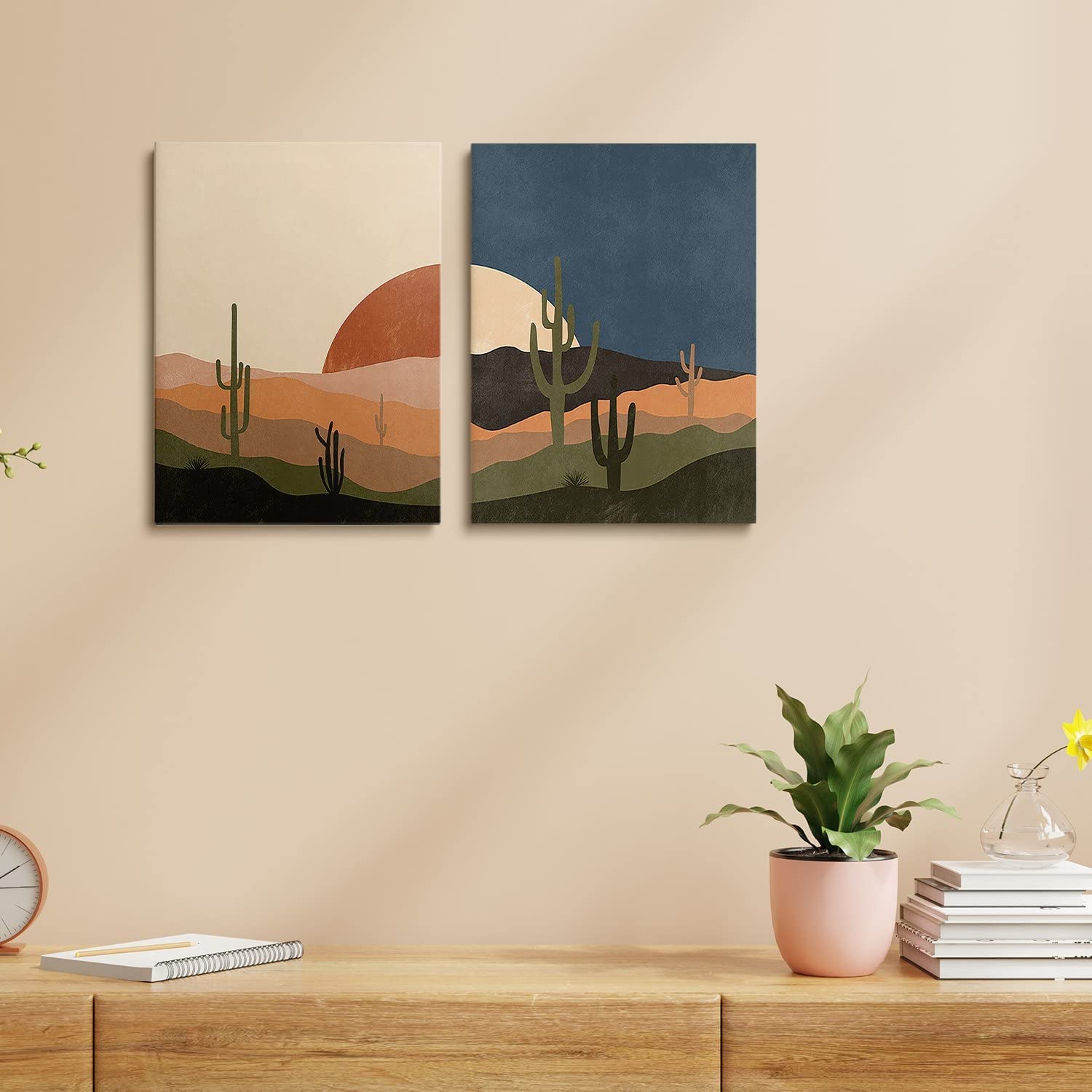 Mid Century Desert Prints Boho Cactus Canvas Prints Sun And Moon Day And Night Canvas Wall Art Modern Abstract Landscape Art For