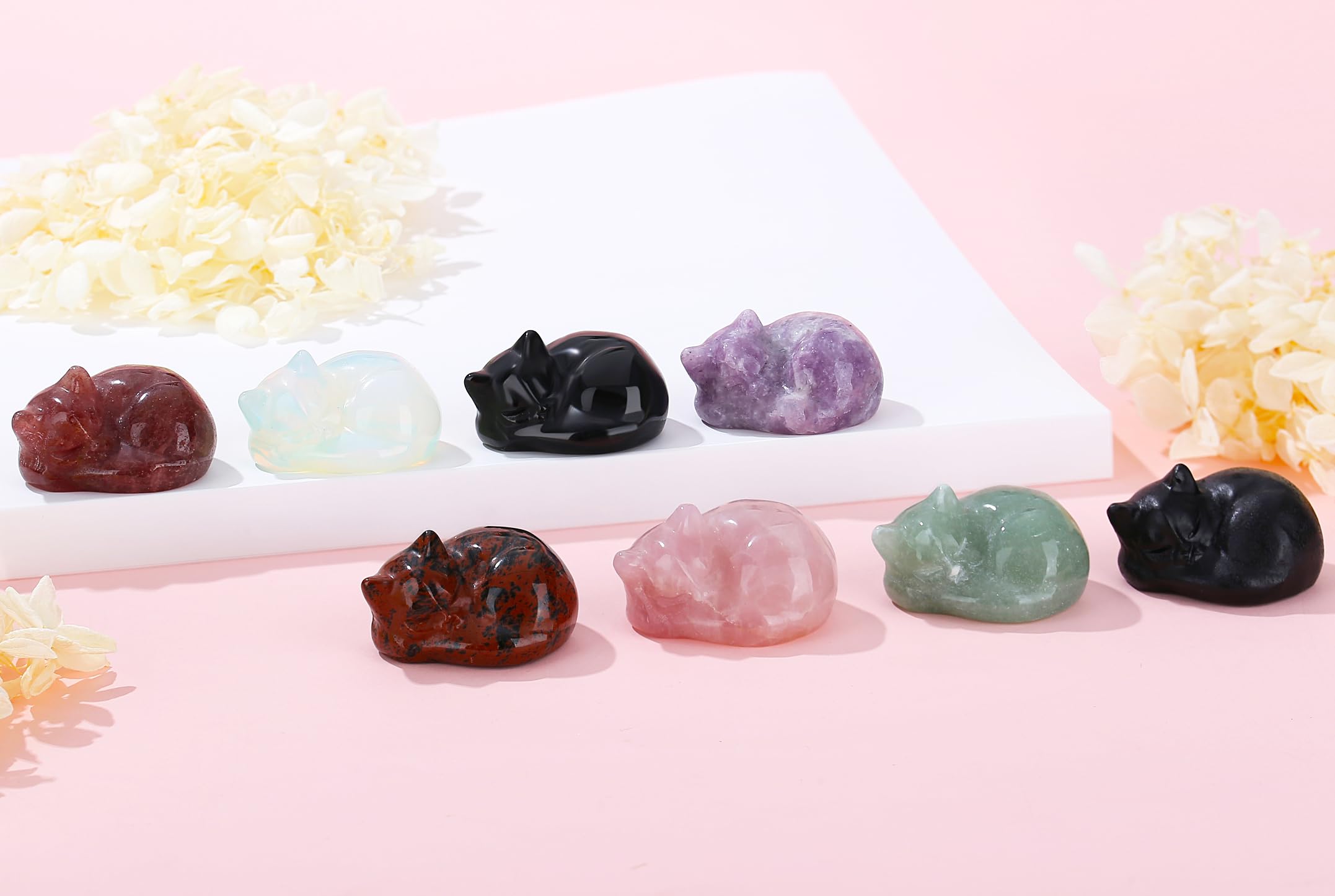 YATOJUZI 2 Cat Decors Statue Black Obsidian Crystals Sleeping Cats Matte Gemstone Hand-Carved Cute Animal Statues Figurine Room