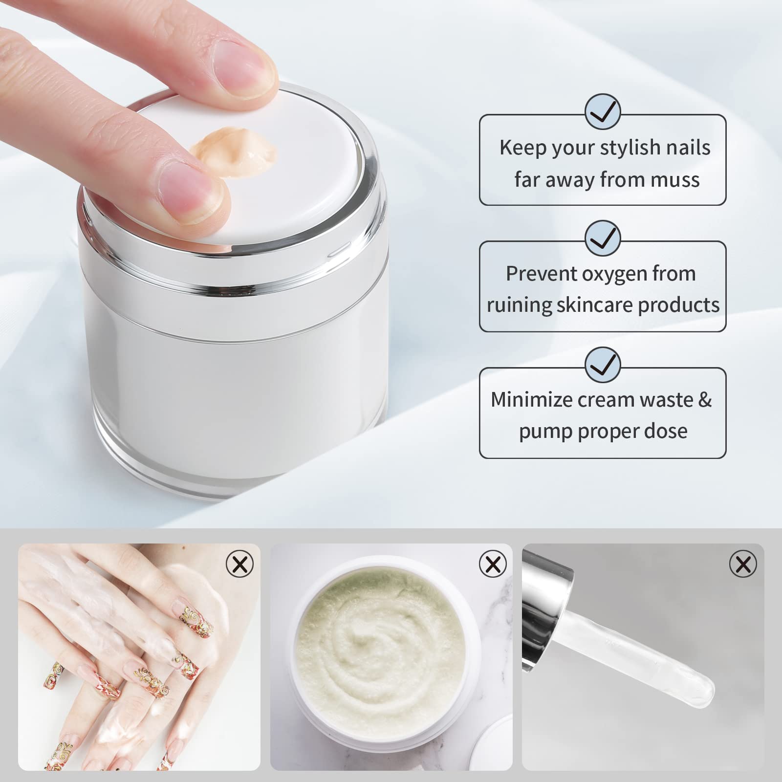 Yocasii 1.7Oz Airless Pump Jar, Refillable Cream Jar Vacuum Bottle Dispenser, Pump Moisturizer Container With Spatula, Moisturiz
