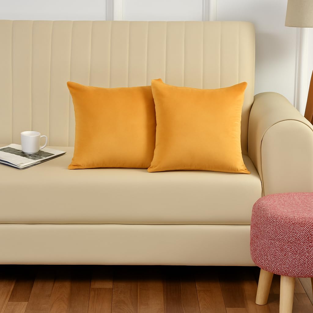 Stuffique Velvet Pillow Solid Plain 190 Tc Cushion Covers Pack Of 2 (16 X 16 Inch) Yellow