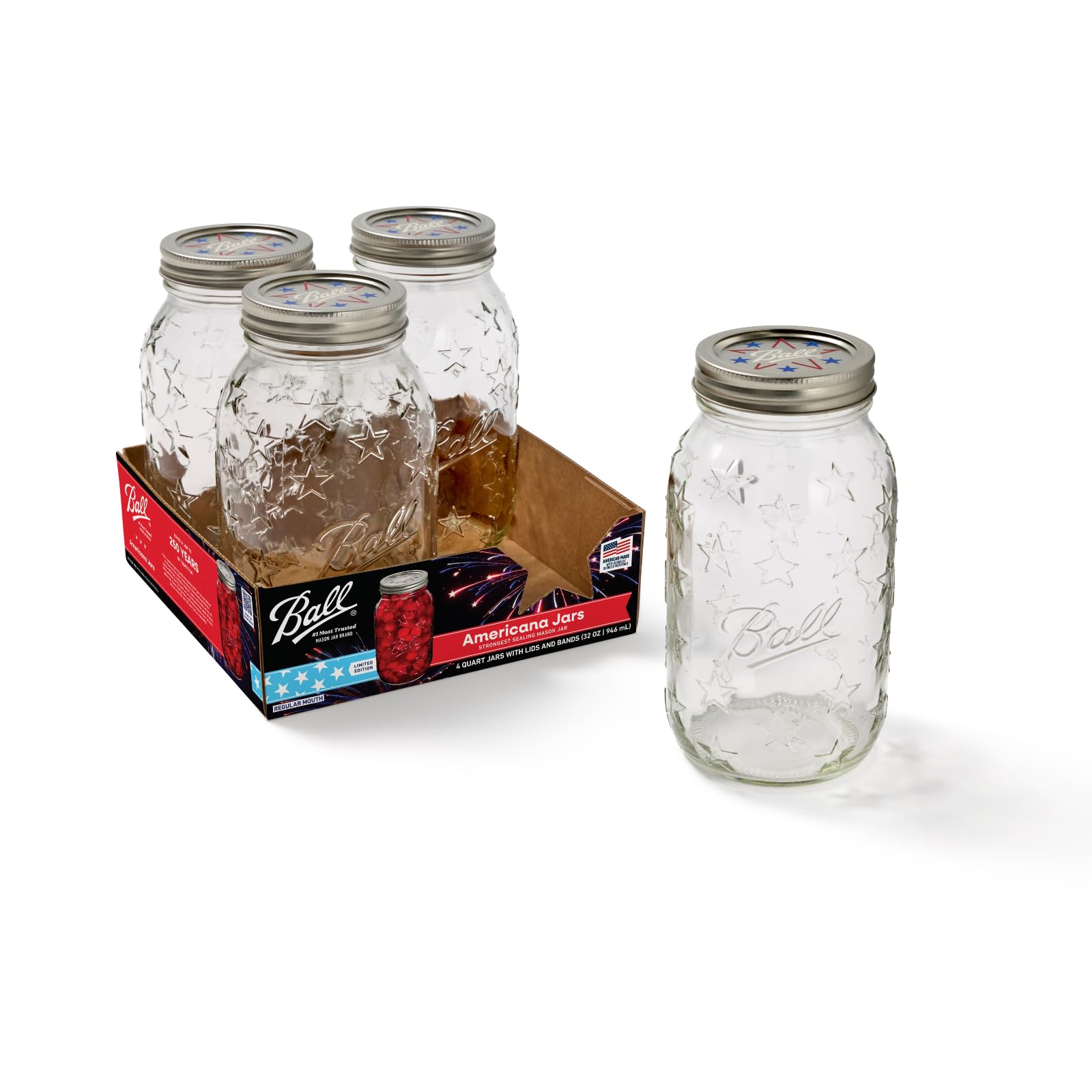 Ball Americana Regular Mouth Glass Mason Jars with Lids and Bands, Used for Canning, Pickling, Juice, Jam, Jelly, Quart Size 32 