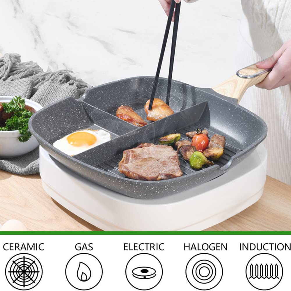 Justup Nonstick Grill Pan, 3-In-1 Egg Pan 11 Inch Non Stick Skillet Pan, Heat Resistant Handle 3 Section Skillet Pancake Pan, Di