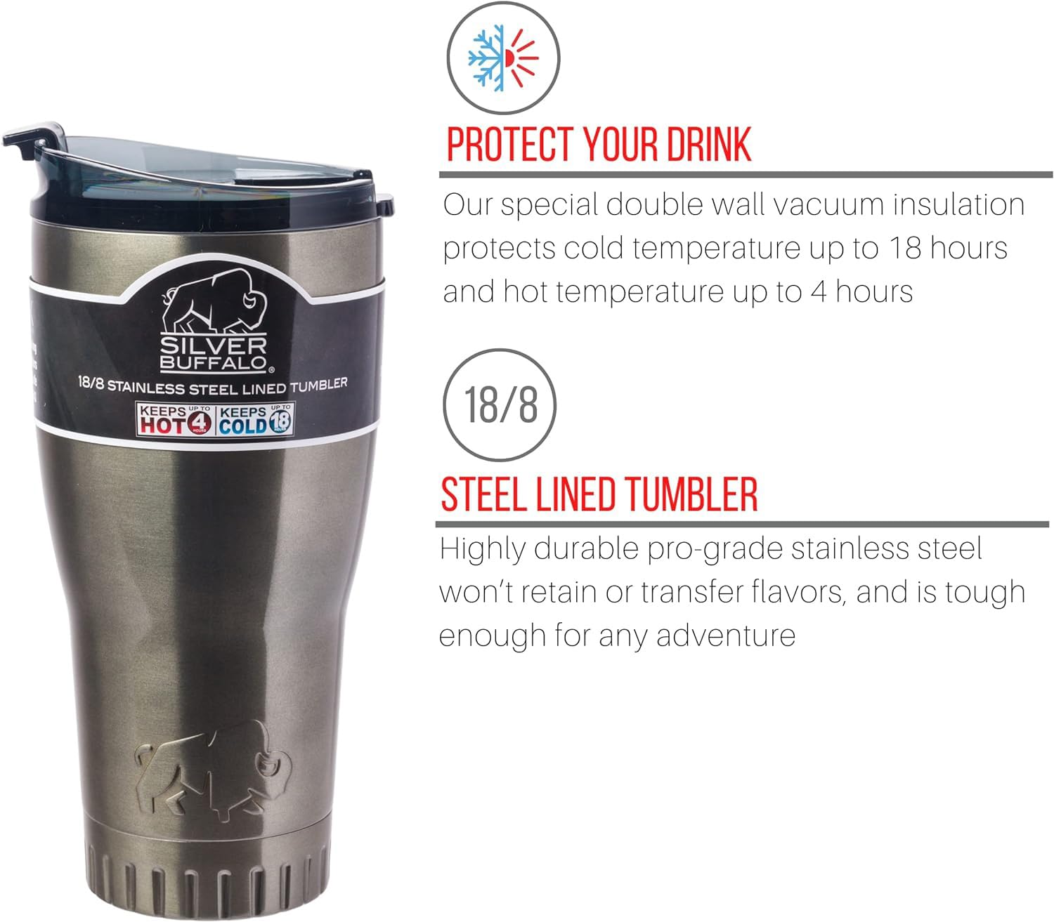 Silver Buffalo Double Walled Vacuum Insulated Stainless Steel Tumbler With Flip Top Lid Keeps Hot And Cold, Travel Coffee Mug Le