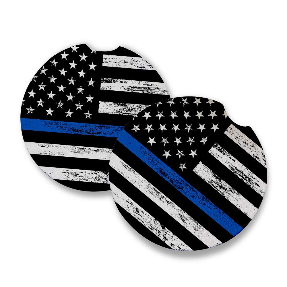 Thin Blue Line  Car Coasters For Drinks Set Of 2  Perfect Car Accessories With Absorbent Coasters. Car Coaster Measures 2.56 Inc