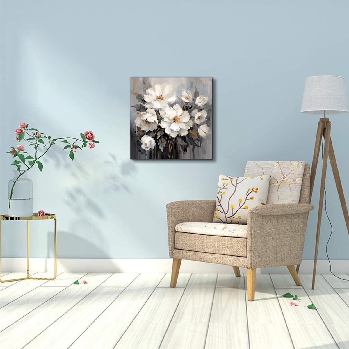 Anzhongart Bathroom Wall Art, Flower Wall Art,Floral Canvas Wall Art, Big Wall Art White And Gray Flower Decoration,Bedroom Offi