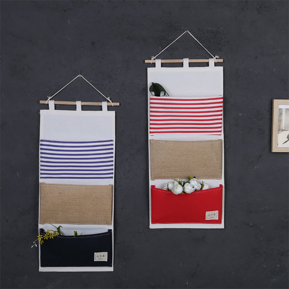 Topaaa Fish Extender Hanger Linen Cotton Fabric Wall Door Hanging Organizer Hanging Storage Bag 3 Pockets (Red)