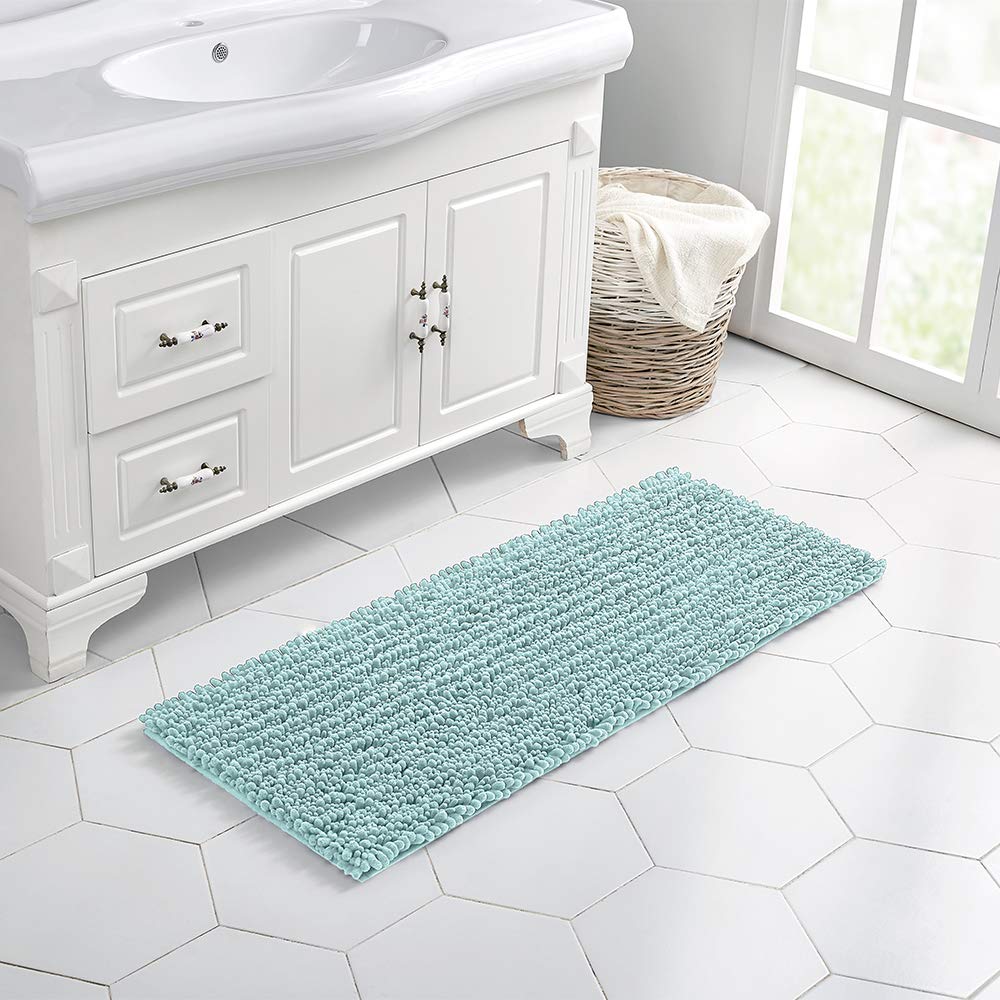 Walensee Bathroom Rug Non Slip Bath Mat (44X24 Inch Spa Blue) Water Absorbent Super Soft Shaggy Chenille Machine Washable Dry Ex
