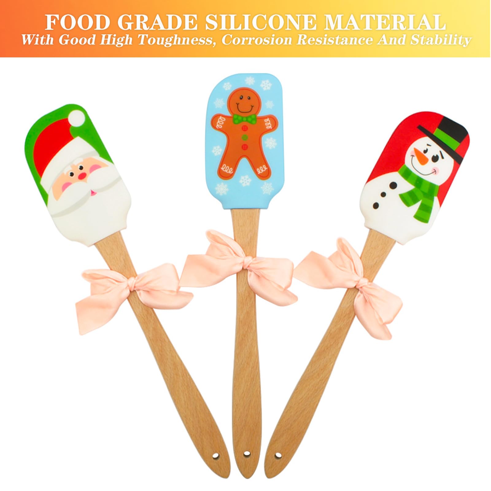 Silicone Spatula, Caliamary 3 Pieces Kitchen Silicone Spatula Set, Christmas Cake Decorating Spatula With Wooden Handle, Snowman