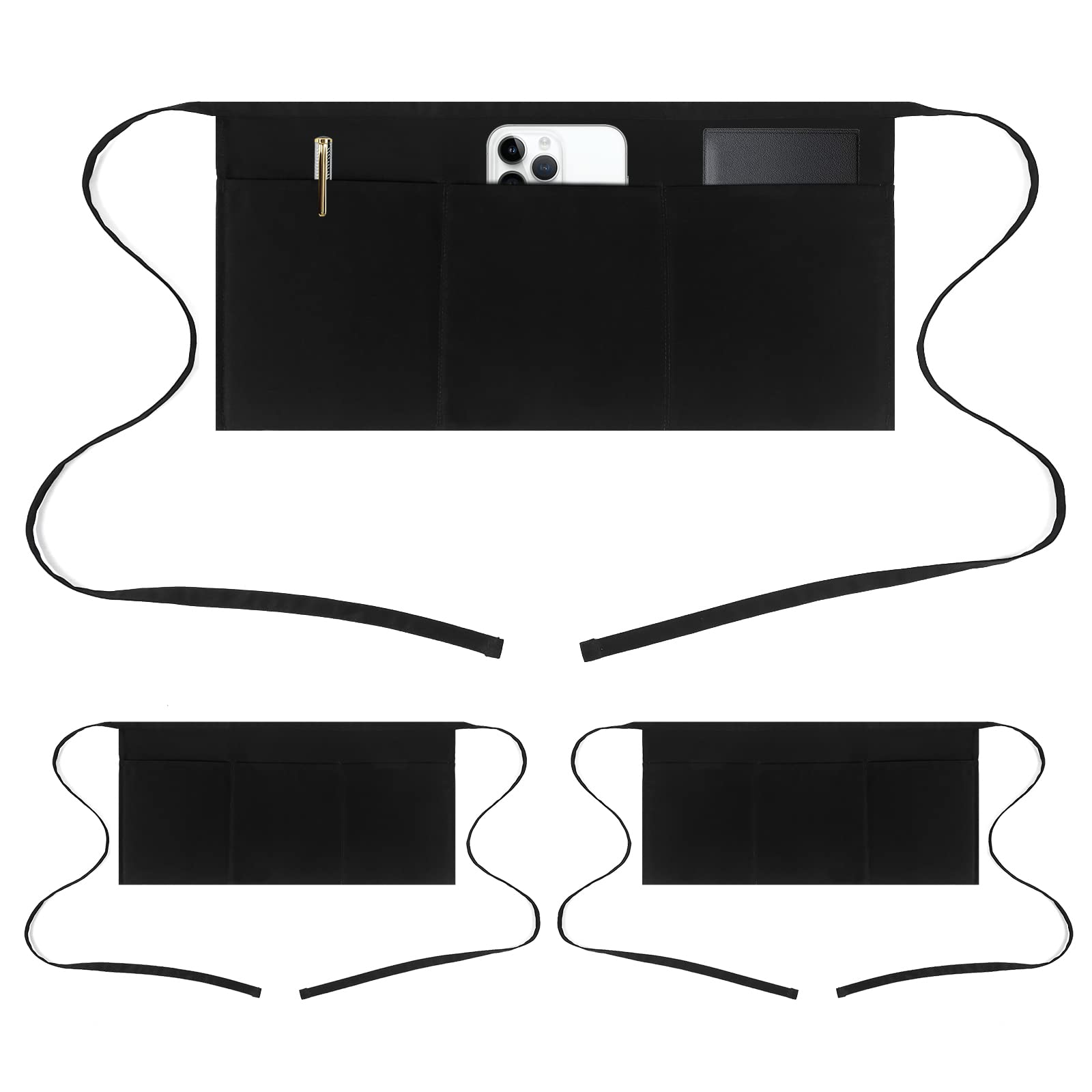 Jubatus 3 Pack 100% Cotton Server Apron With 3 Pockets, Black, Small 23.62 X 11.81 Inches
