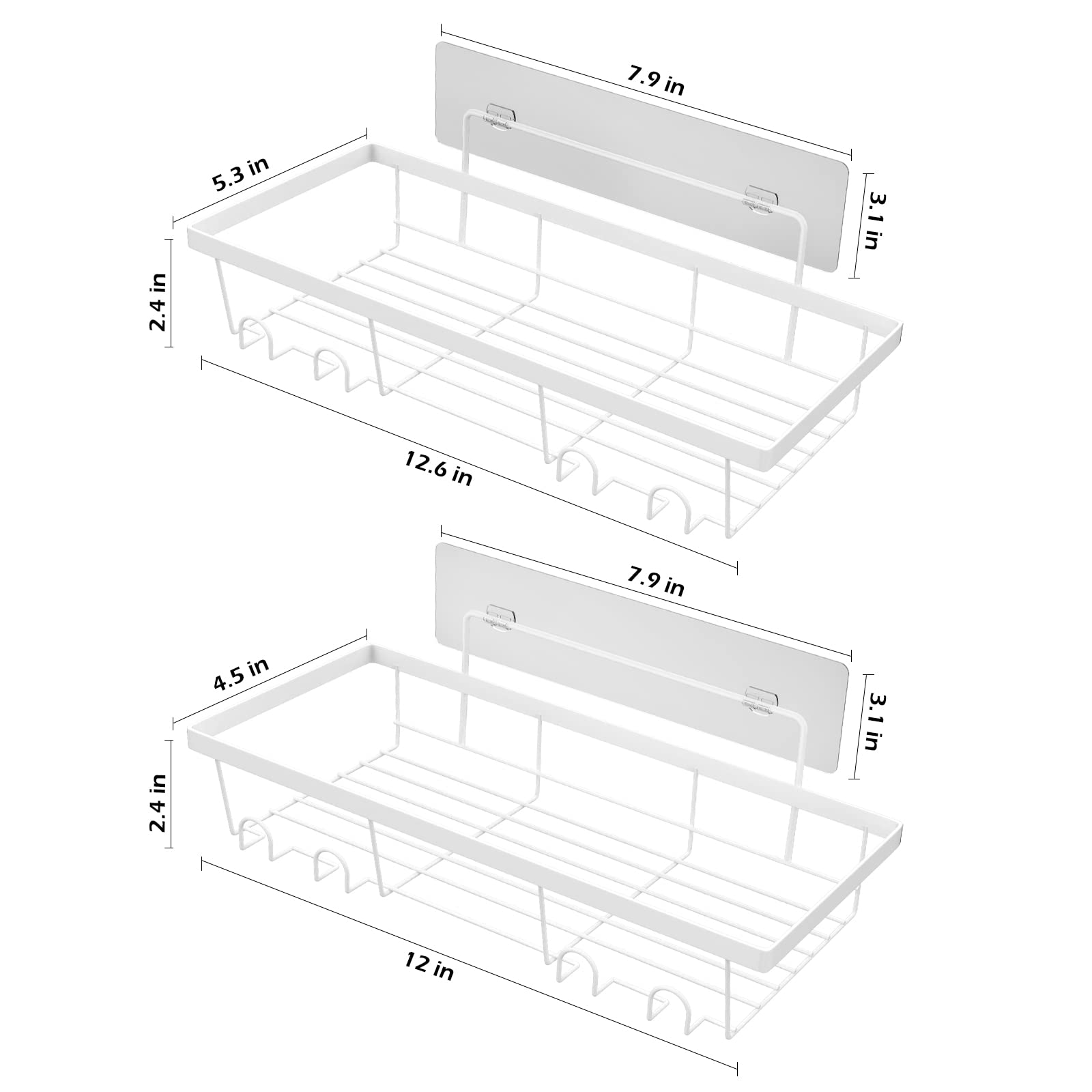 Durmmur 2 Pack Adhesive White Shower Caddy Organizer with Hooks  Rustproof No Drilling Wall Mounted Storage Shelf Rack for Inside Shower/Bathroom/Kitchen