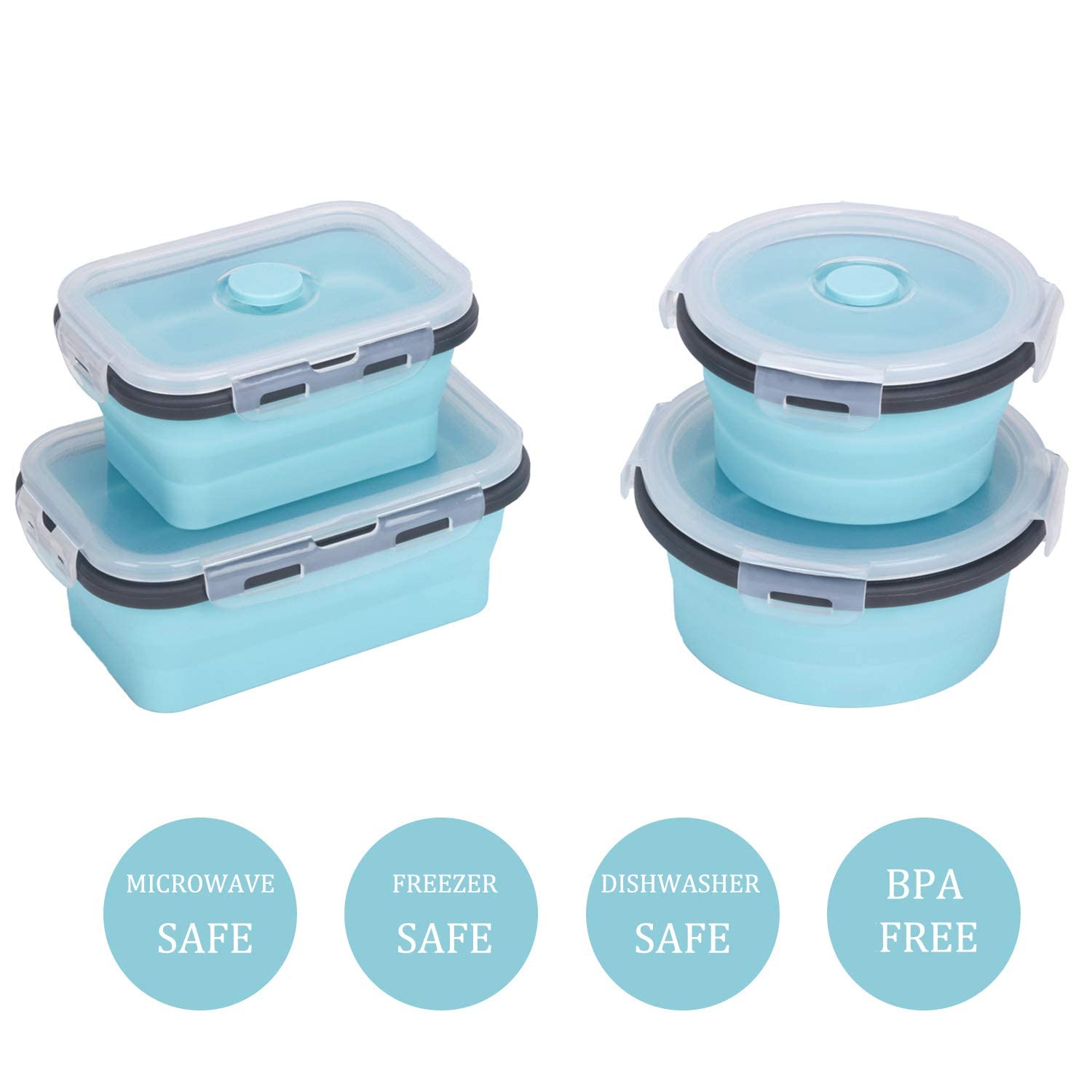 Kuon Collapsible Silicone Food Storage Containers With Airtight Lids, Set Of 4 Stacking Container, Microwave And Freezer And Dis