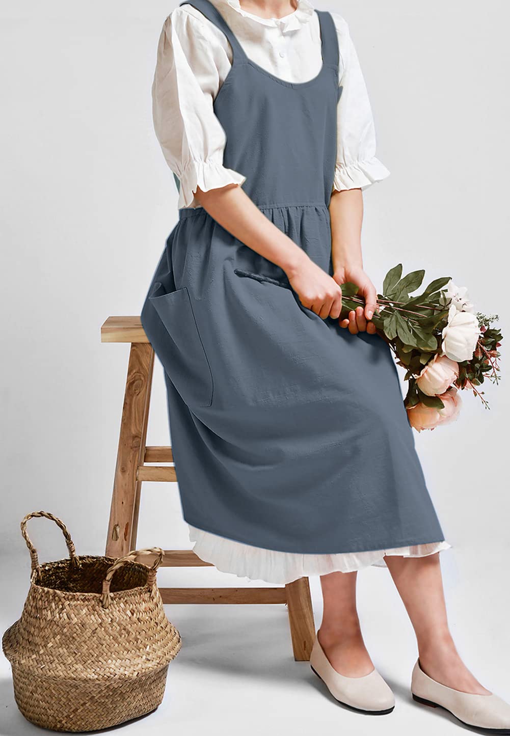 Newgem Cotton Linen Cross Back Apron For Women With Pockets Cute Japanese Korean Style Pinafore Dress Blue Grey