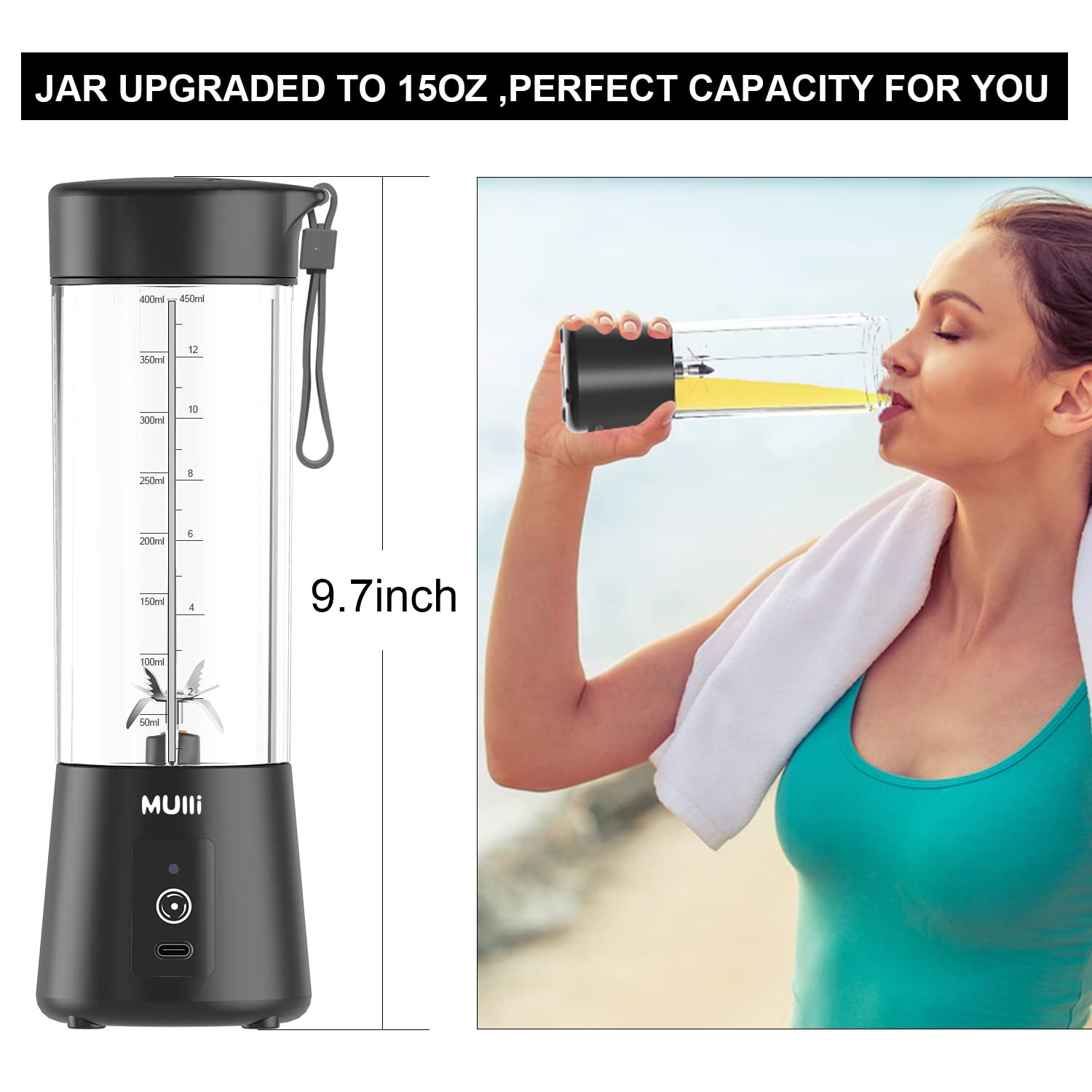 Mulli Portable Blender,15Oz Mini Blender For Fruit Smoothies And Shakes,Usb Rechargeable Mixer For Baby Food,Gym,Travel