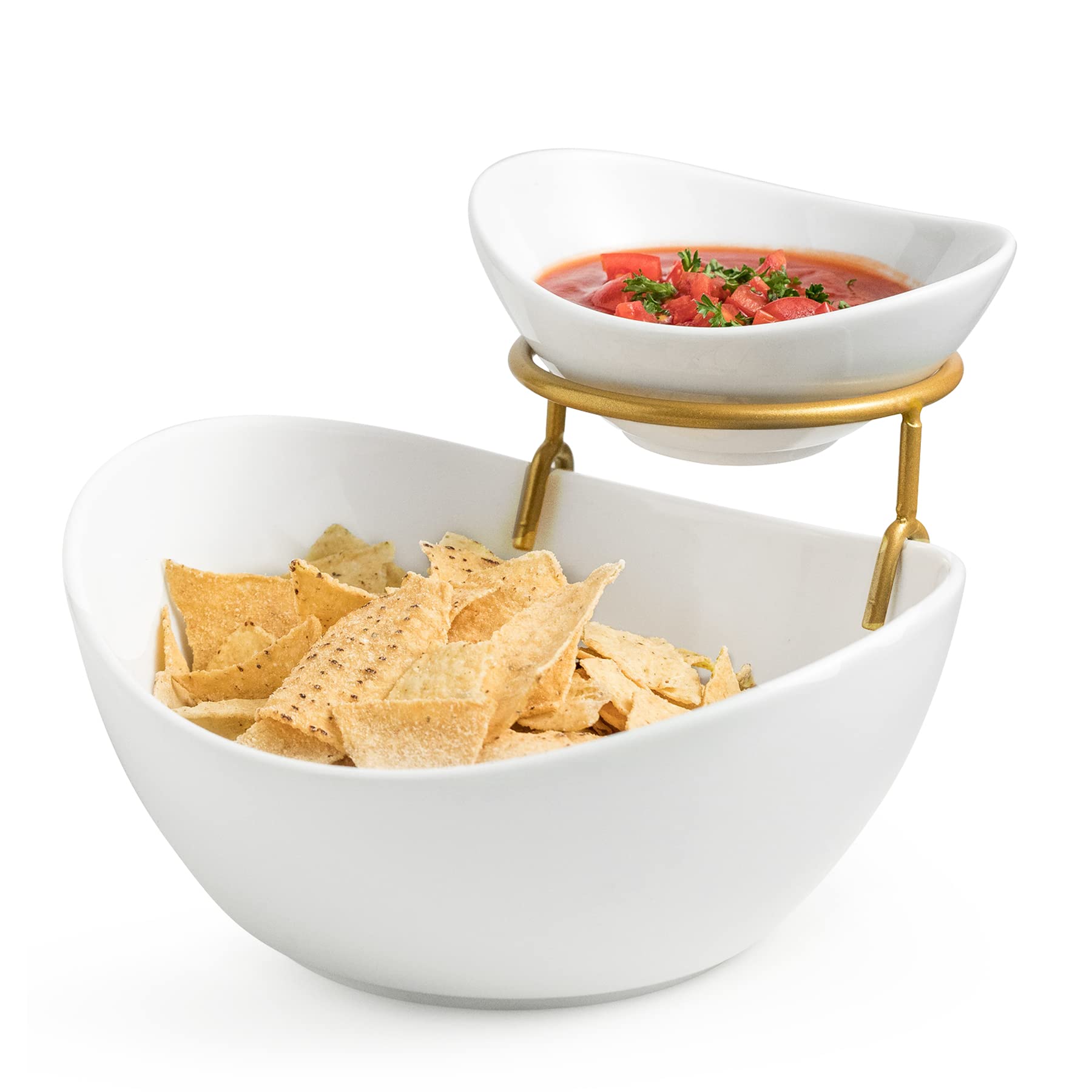 Miamolo Porcelain Serving Bowl Set For Appetizer Serving Dishes Set With 2 Compartment, Chip And Dip Taco Rack Display Salad Bar