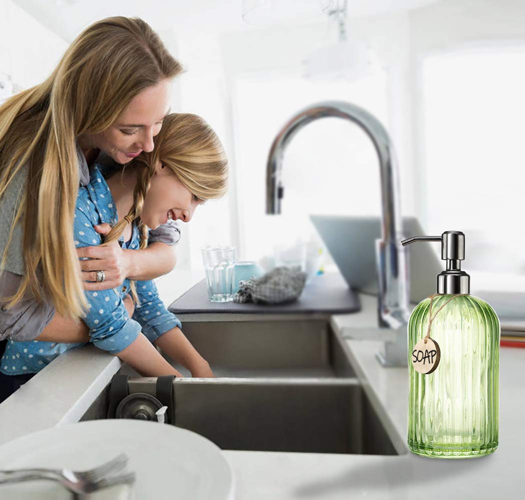 JASAI 18 Oz Vertical Striped Green Soap Dispenser with 304 Rust Proof Stainless Steel Pump  Refillable Lotion Soap Dispenser for Bathroom  Kitchen  Hand Soap  Dish Soap (Clear Green)