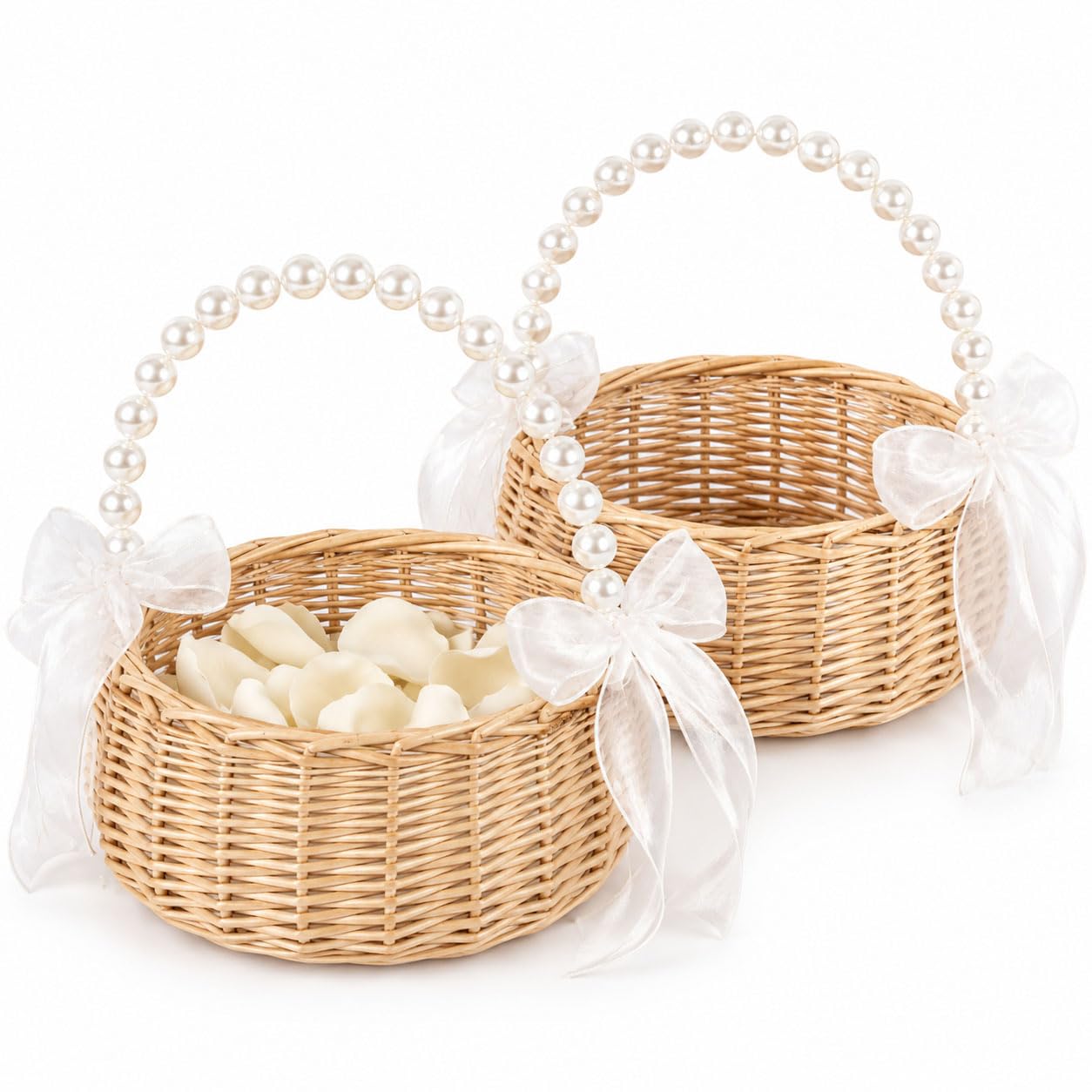 2 Pack 8 Inch Flower Girl Basket for Wedding, Pearl Handle Wicker Flower Basket with Bow, Handmade Rustic Petal Basket for Weddi